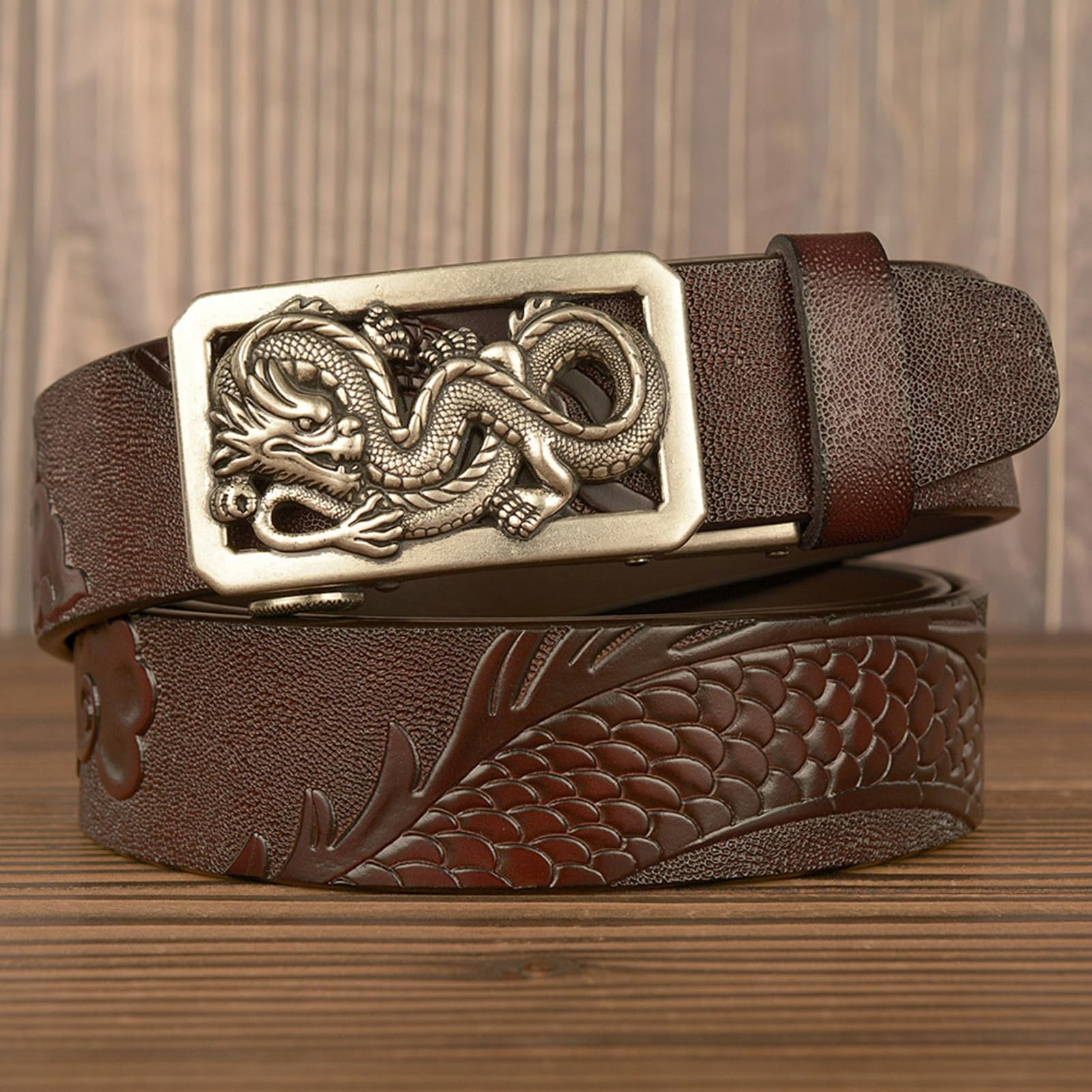 Cinturón De Trinquete Deslizante, Grabado Dragón Moda, Hebilla Automática Ajustable, Estilo Vaquero Occidental Clásico For El Tiempo Libre