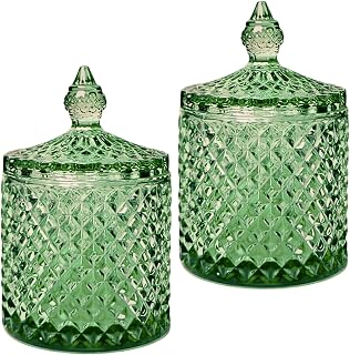 2Pc 10oz Green Glass Cotton Bud Holder Wool Pads Q Tips Candle Holder Spice Apothecary Glass Jars With Lids Vanity Dressing Table Home Bedroom Room Bathroom Accessories Set Vintage Decor Gifts Women