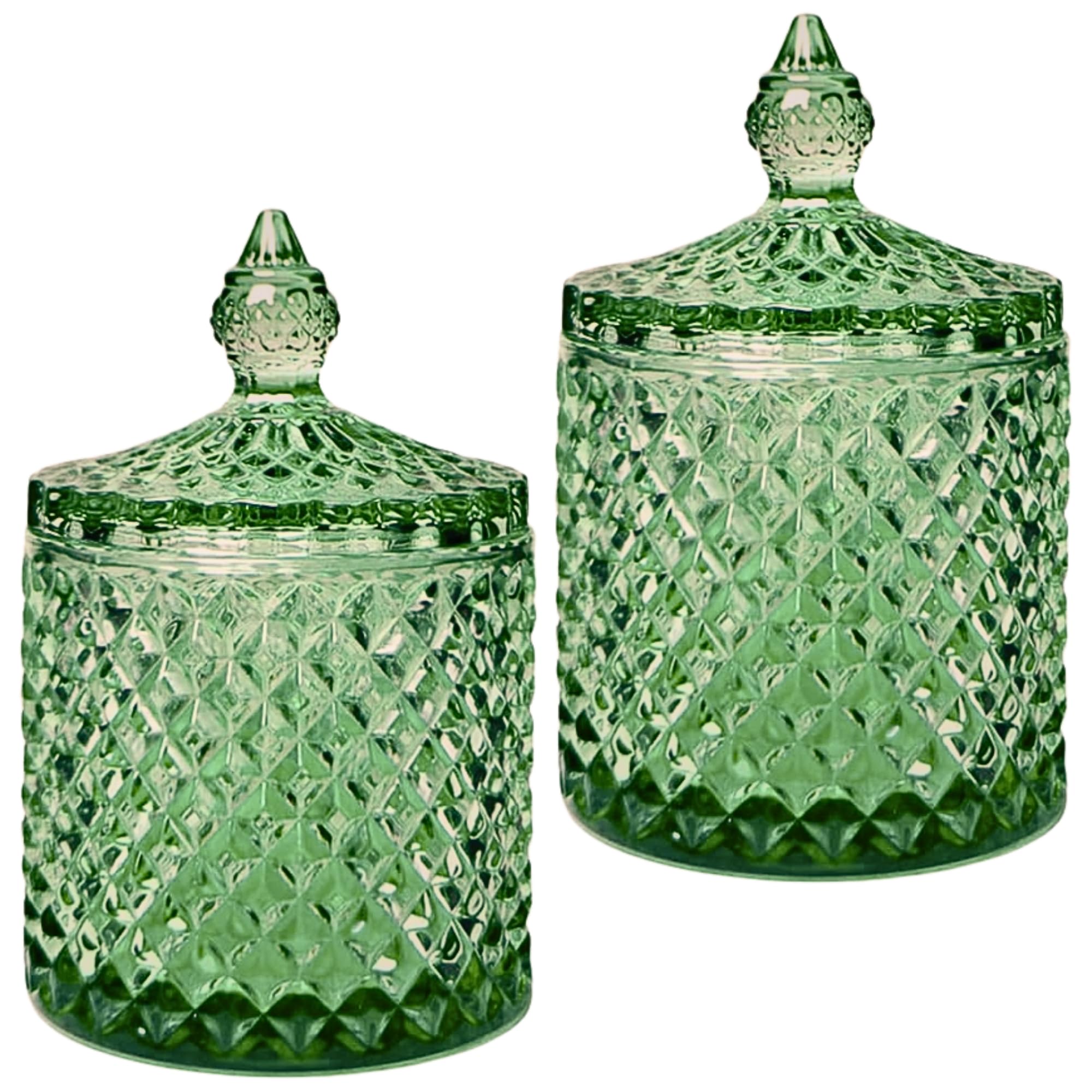 2Pc 10oz Green Glass Cotton Bud Holder Wool Pads Q Tips Candle Holder Spice Apothecary Glass Jars With Lids Vanity Dressing Table Home Bedroom Room Bathroom Accessories Set Vintage Decor Gifts Women