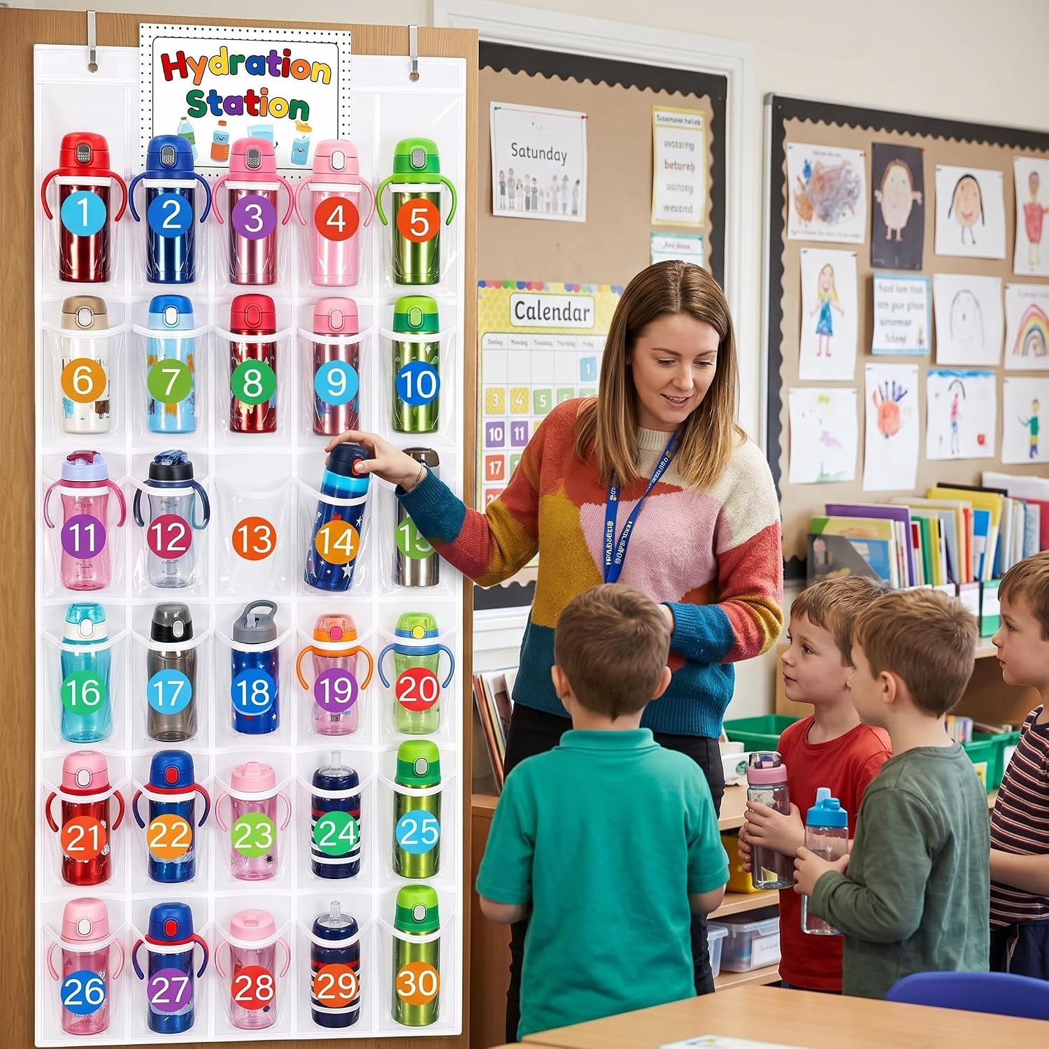 Water Bottle Organizer for Classroom Classroom Hydration Station 30 Clear Pockets Over The Door Hanging Organizer Storage with Rainbbow Sign Number Stickers for Cup and Various Sizes