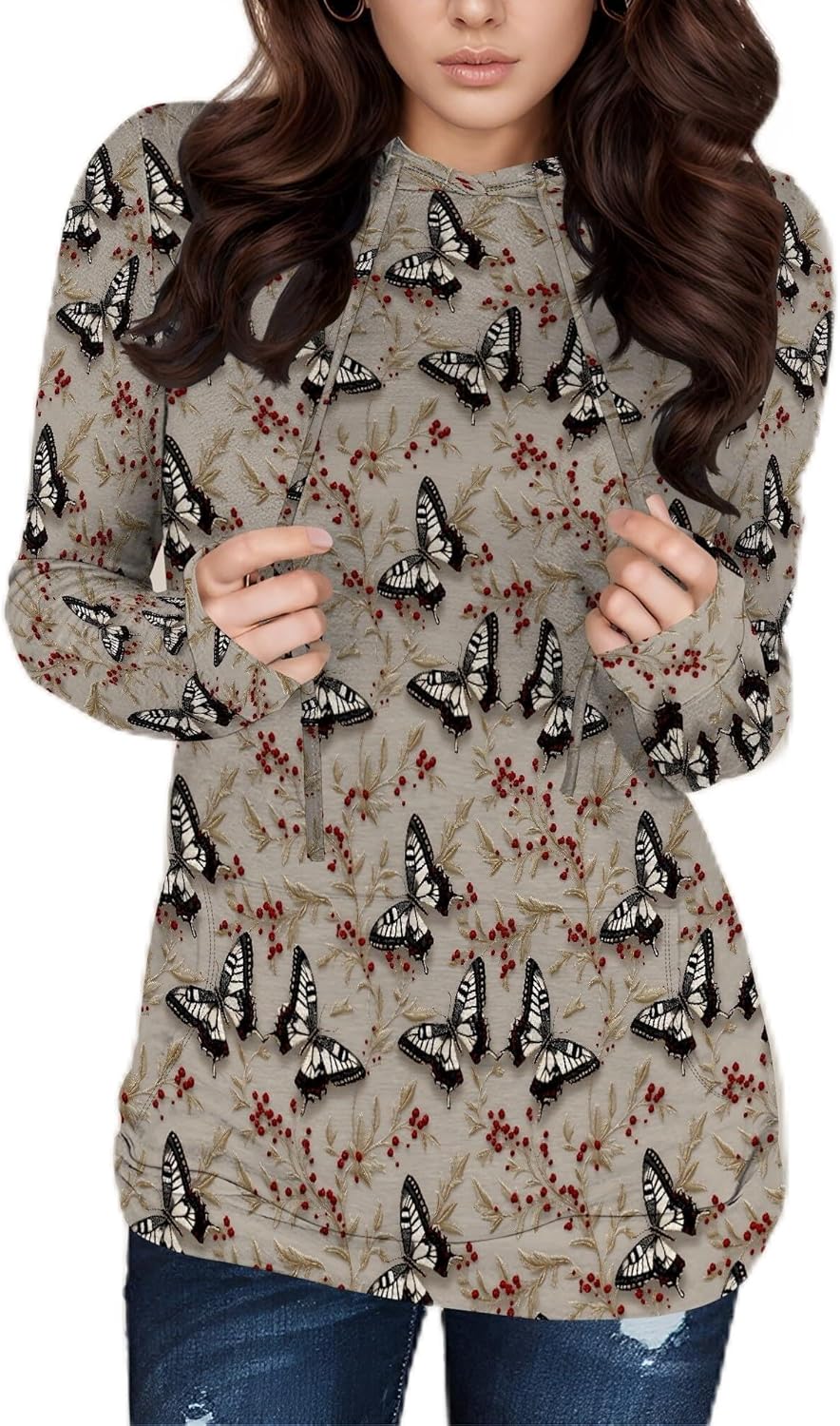 Hooded Sweatshirt Women Fall Butterfly Sweatshirts Lightweight Long Sleeve Pullover Tops Trendy Outfits Plus Size