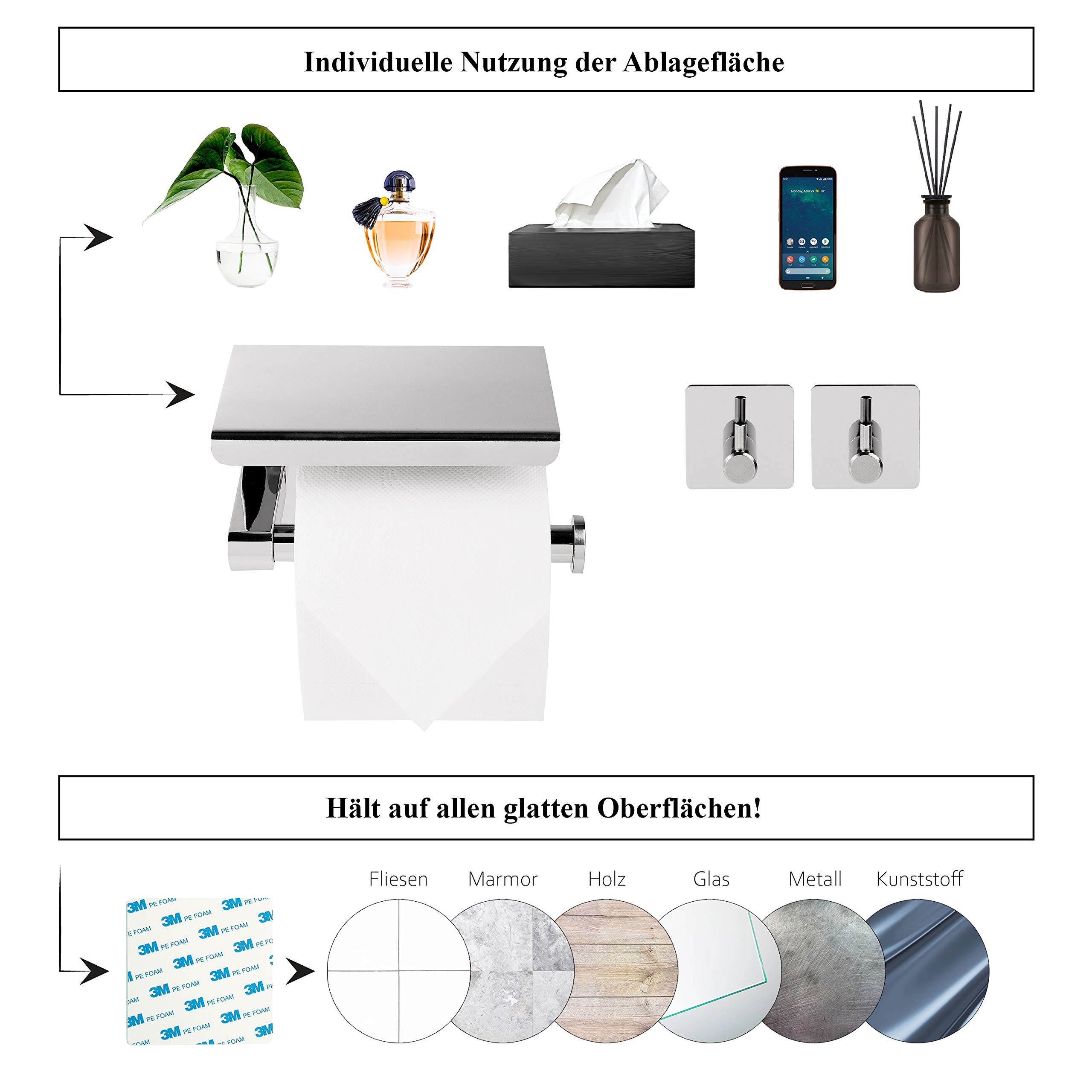 Toiletpapierhouder, 304 roestvrij staal, zelfklevend, voor badkamer en keuken, geborsteld nikkel, van badkamer