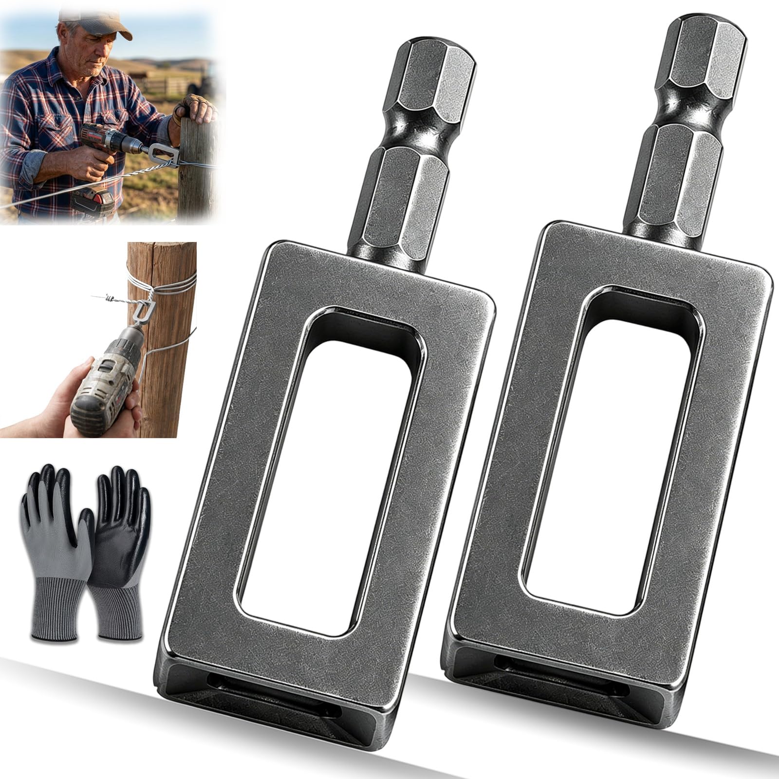Llelemamo 11#+11# Professional Wire Twister Tool For Drill, 2Pcs Heavy Duty Open-Slot Wire Twisting Tool With 1/4" Hex Shank, Alloy Steel Fence Wire Twister & Rebar Tying Tool For Fencing, Construction, Farm (11#+11#)