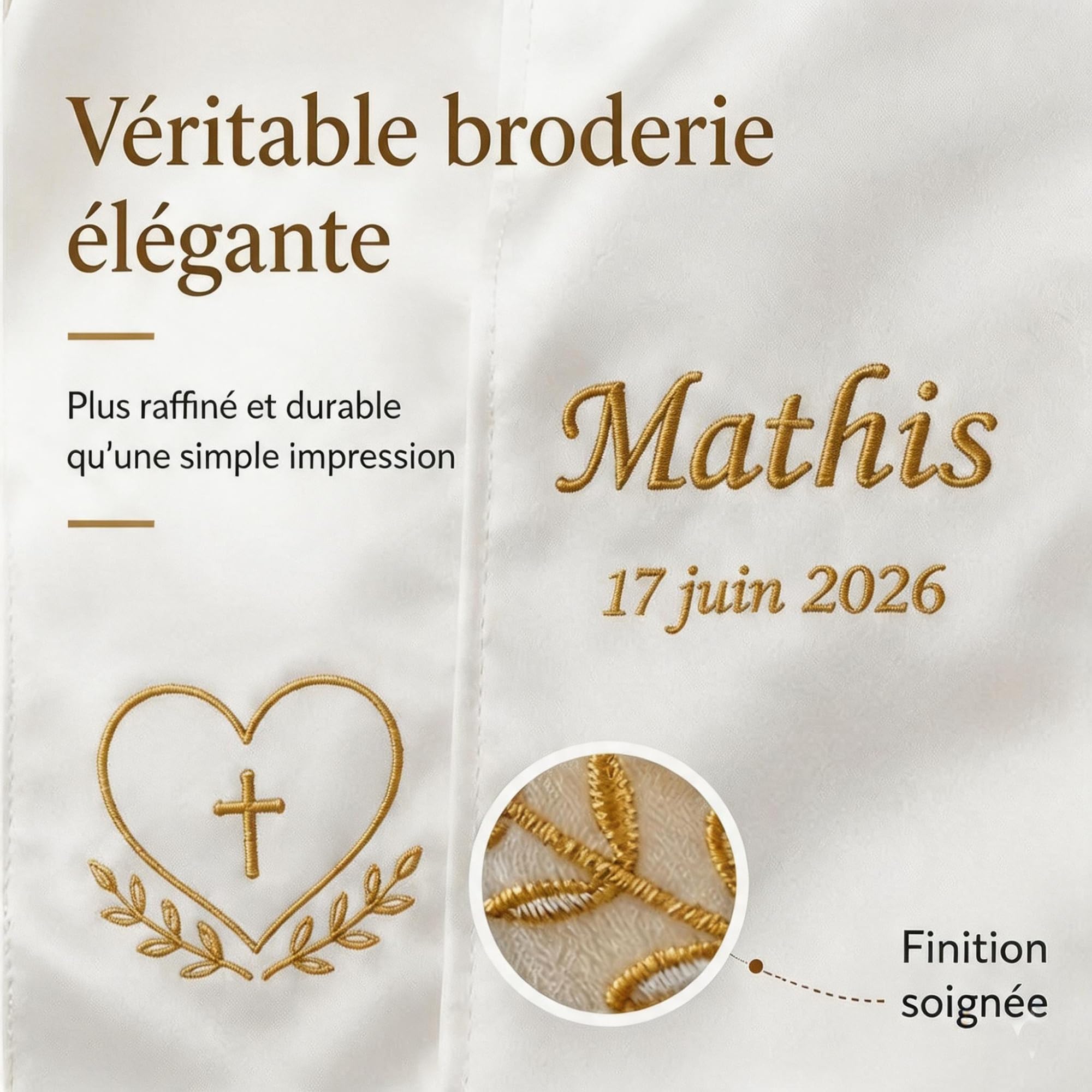 Étole de Baptême Personnalisée 15x120cm | Écharpe Blanche Satinée Brodée Prénom Date | Motifs Religieux au Choix | Coffret Cadeau Bébé Enfant