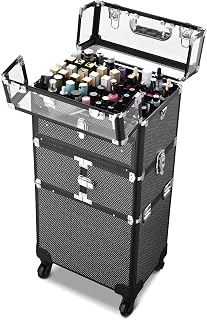 BYOOTIQUE 2in1 Nail Polish Organizer Rolling Makeup Train Case Manicure Cosmetic Trolley Travel Organizer Nail Case with Clear Lid Extendable Trays 4 removable wheels 54 Slots (Black)