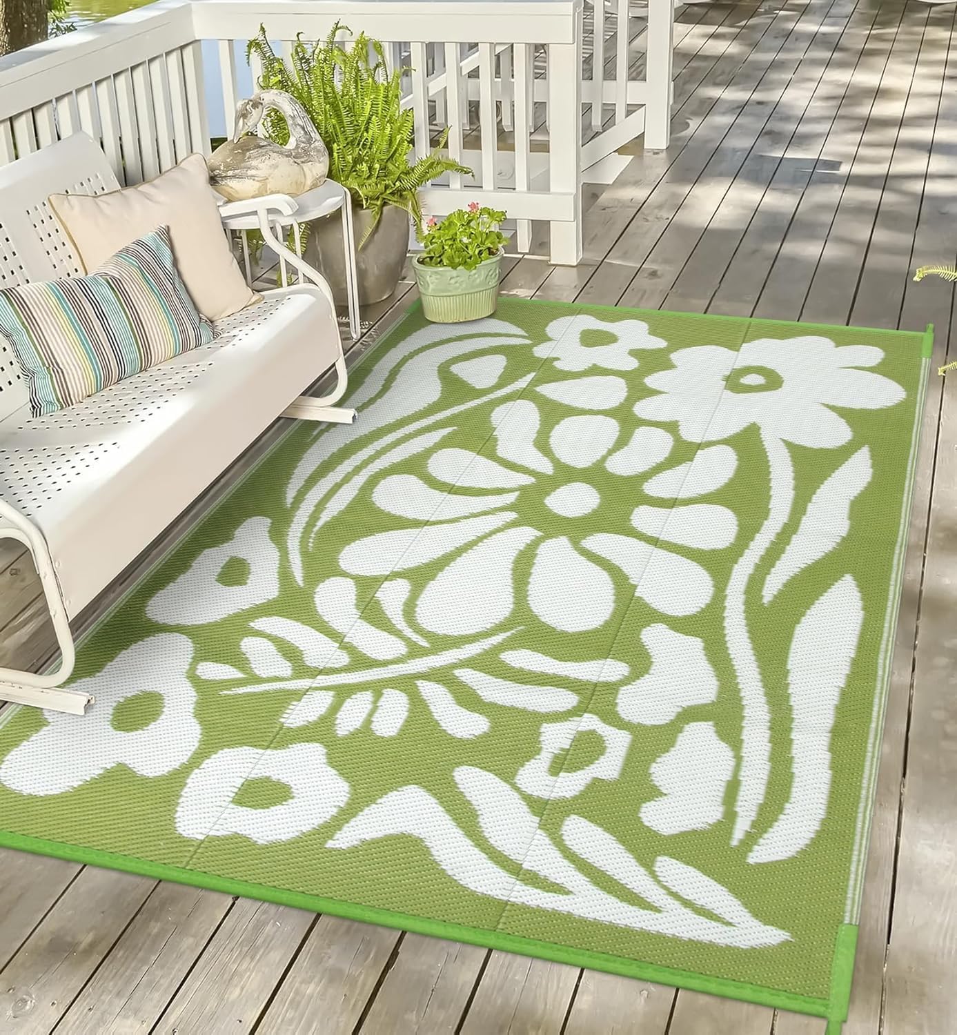 Uphome Outdoor Rug Mat Waterproof 5x8 ft, Reversible Outdoor Plastic Straw Rug, Green Floral Patio Rug, Foldable RV Camping Rug, Indoor Outdoor Area Rug for Backyard Deck Pool Balcony Picnic, 5'x8'