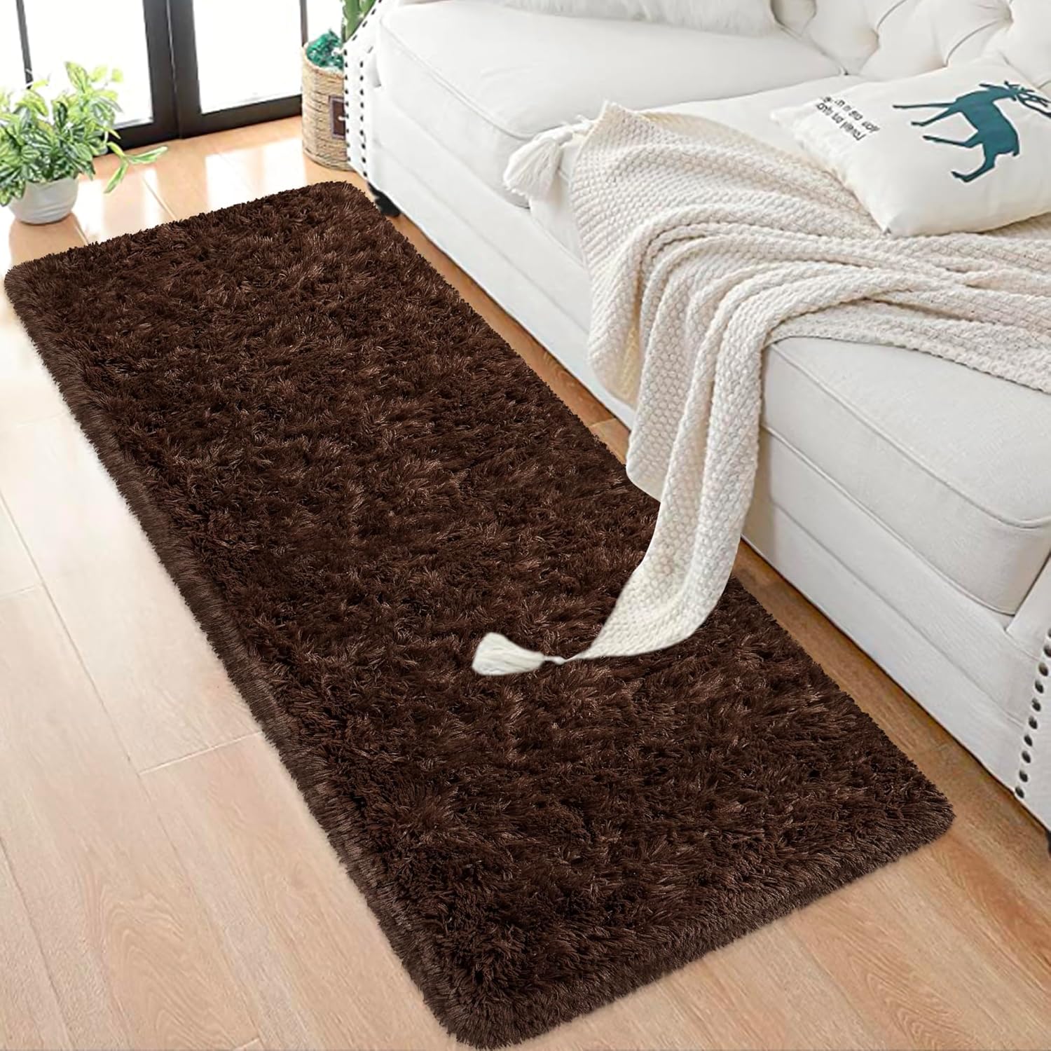 Runner Rug for Bedroom 2x6 Brown Fluffy Shaggy Rug Soft Plush Fuzzy Area Rug Bedside Runners for Hallway Kids Nursery Dorm Playroom Living Room with Non Slip Modern Indoor Decor Carpet