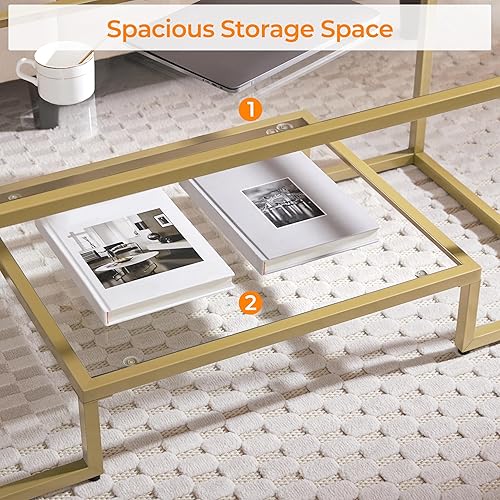 Miniatura 6 de Yaheetech Mesa de Café Dorada, Mesa de Centro de Vidrio Rectangular de 42" para Sala de Estar, Mesas de Té de 2 Niveles con Marco de Metal para