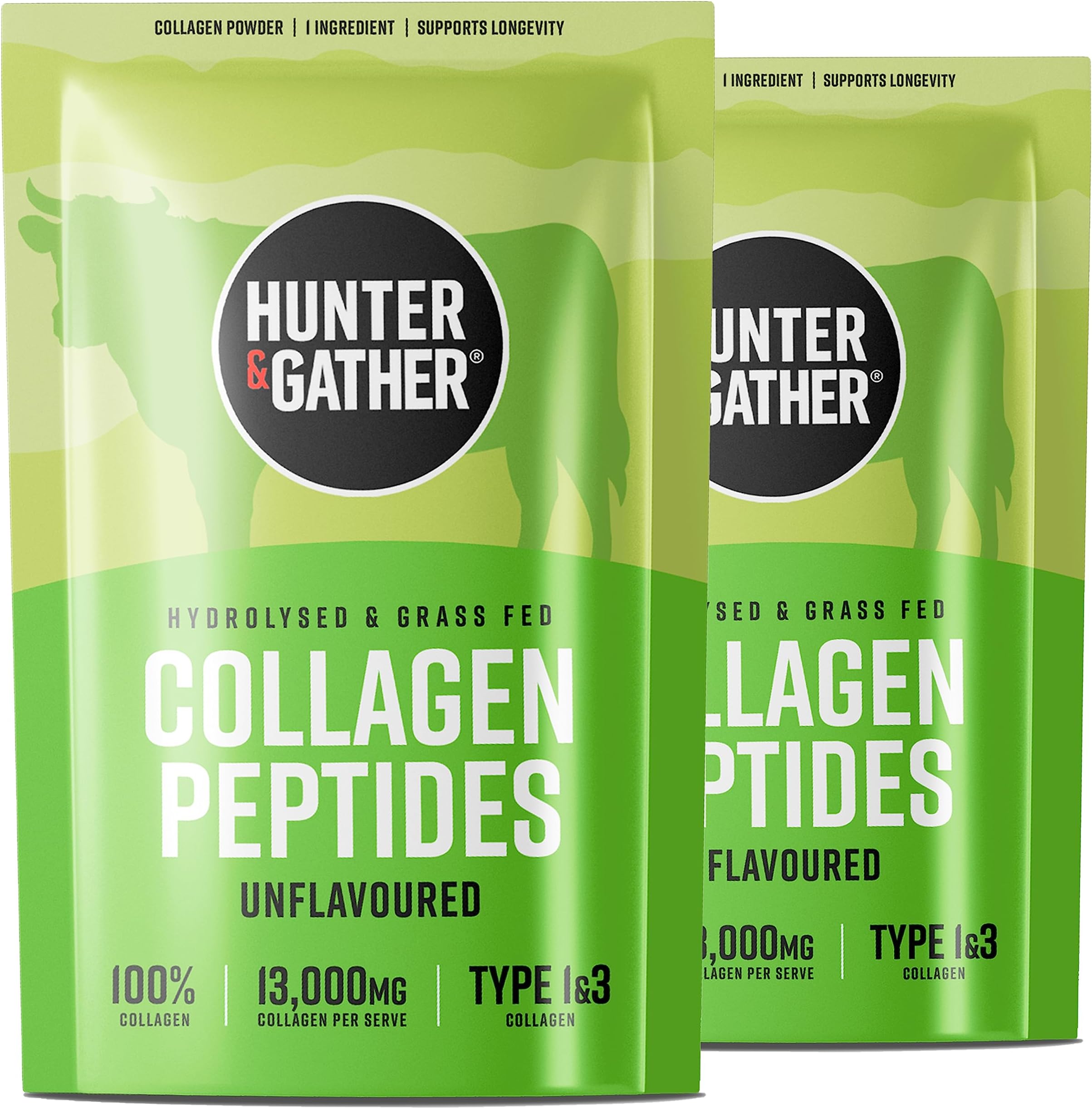 Hunter & Gather Grass Fed Bovine Collagen Powder 2x400g | Pure Unflavoured Premium Hydrolysed Bovine Collagen Peptides Powder for Hair Skin Nails Muscles | Collagen Supplements for Women and Men