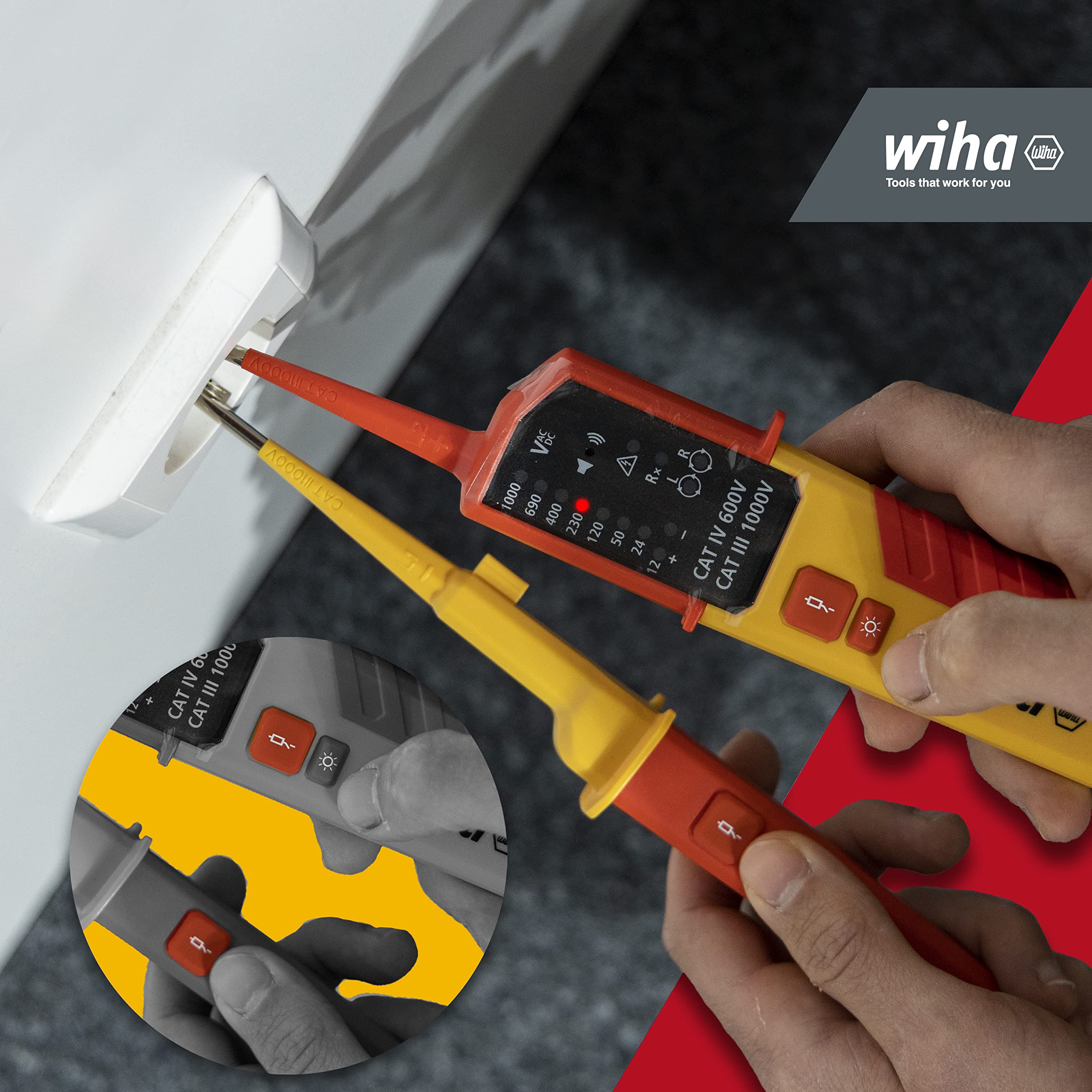 Wiha Voltage and continuity tester 12-1.000 VAC/1500 VDC - CAT IV (45216), rojo y amarillo | (45216) CAT IV incl. 2 pilas AAA I indicador LED I comprobador bipolar I aparato de medición electrotécnica