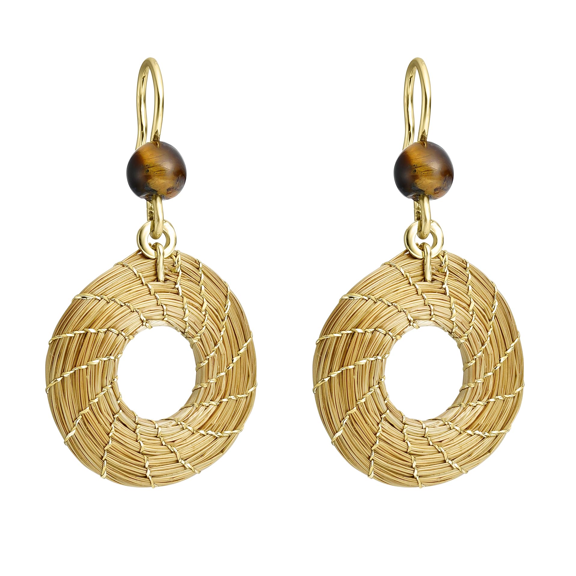 VERA NAVARRO - Orecchini Vegetali in Oro Mandala Aperto 20 mm con Pietra Occhio di Tigre - 100% Naturale Fatto a Mano - Design Esclusivo