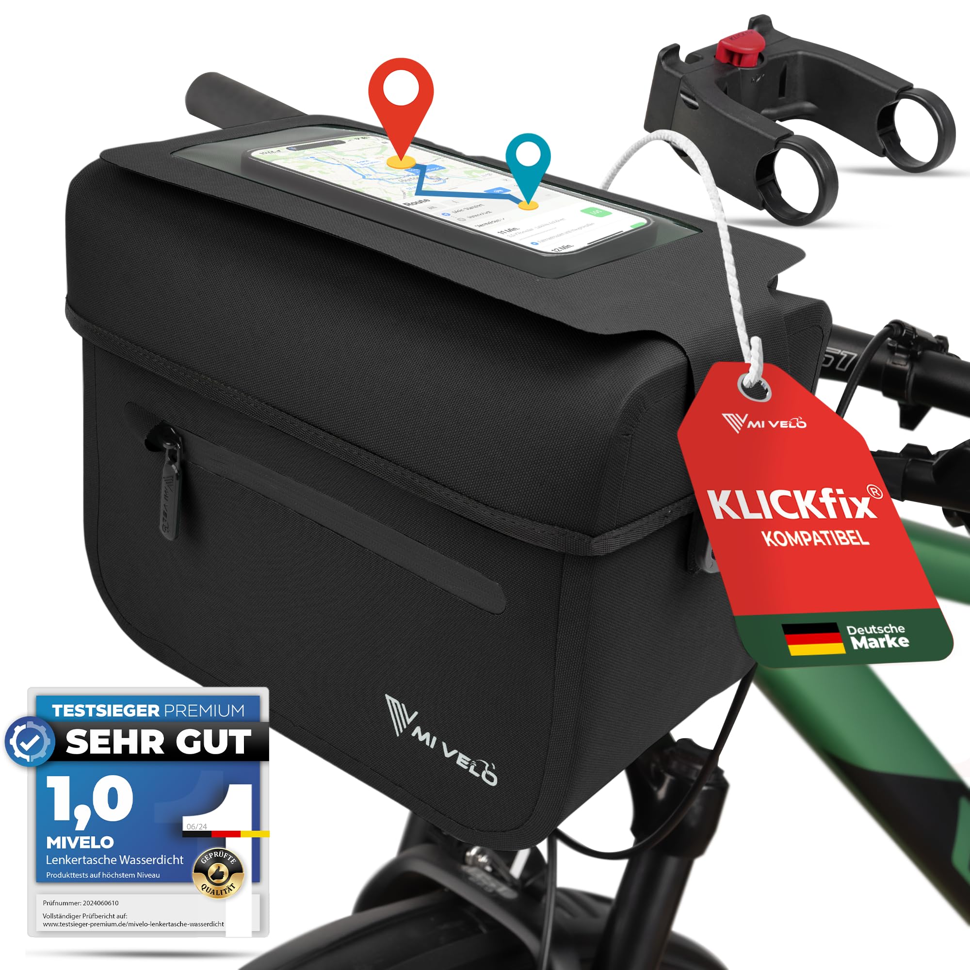 MIVELO Lenkertasche Fahrrad passend für KLICKfix - 100% wasserdicht - Fahrradtasche Lenker - abnehmbares Handyfach - Tasche Lenker
