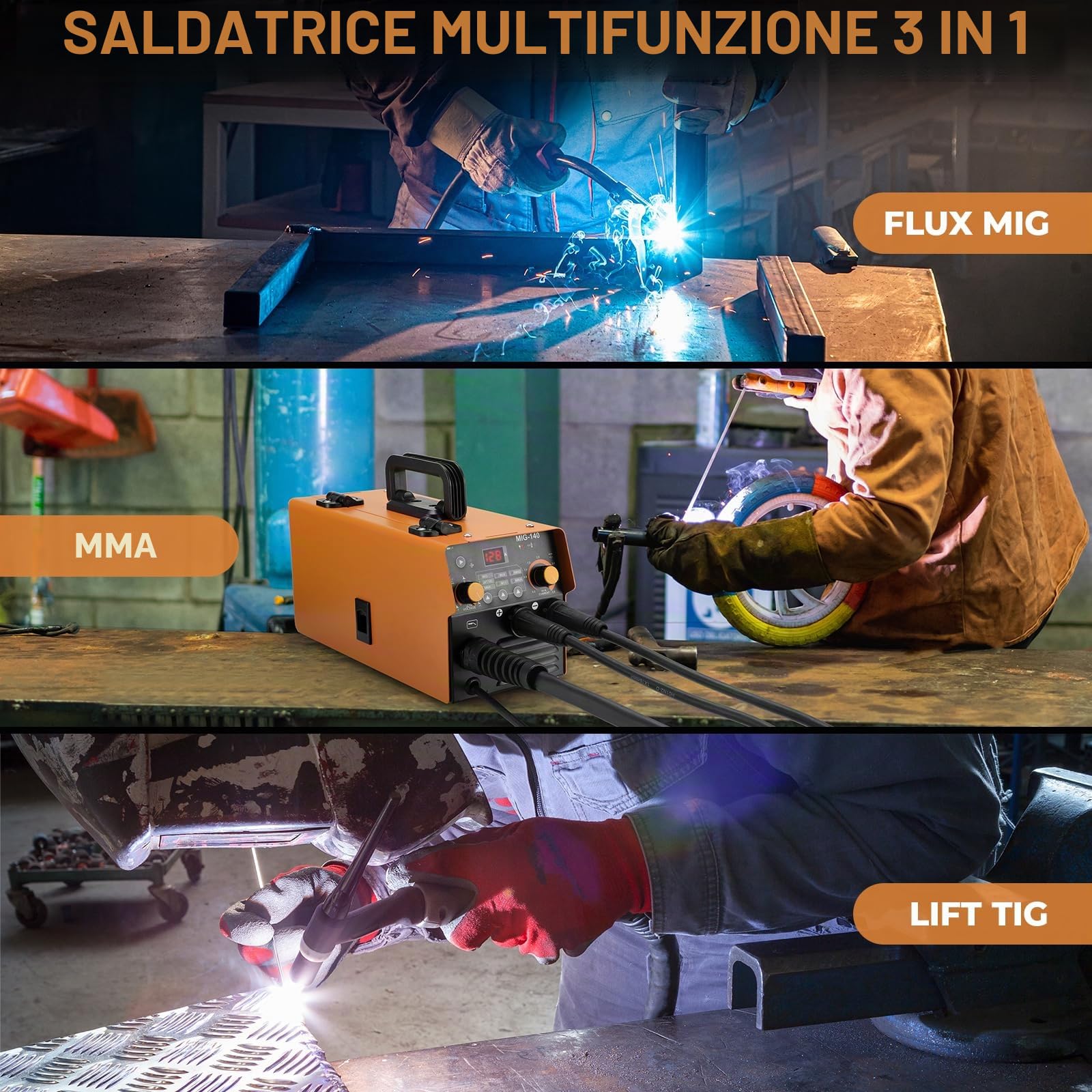 Saldatrice a Filo Continuo 140A 230V, 3 In 1 Multifunzione Saldatura MIG no Gas, ARC MMA, Lift TIG, IGBT Inverter, Saldatrice Portatile, con Display Digitale, Filo Animato da 0.8mm, Maschera, IP 21S