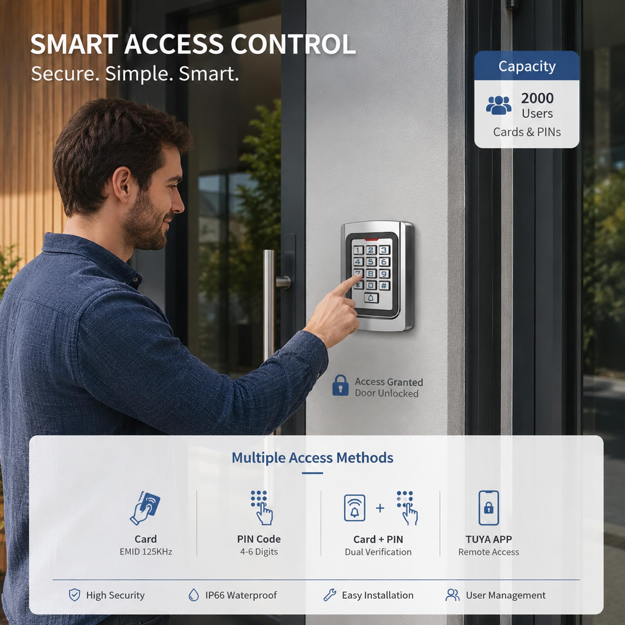 YAVIS Control de Acceso WiFi Tuya para Puerta y Portón, Teclado con Código RFID 125kHz + 10 Llaveros ID, Carcasa Metálica IP68, WG26, App + Pin + RFID, Gestión Remota, Oficina Tienda (K10)