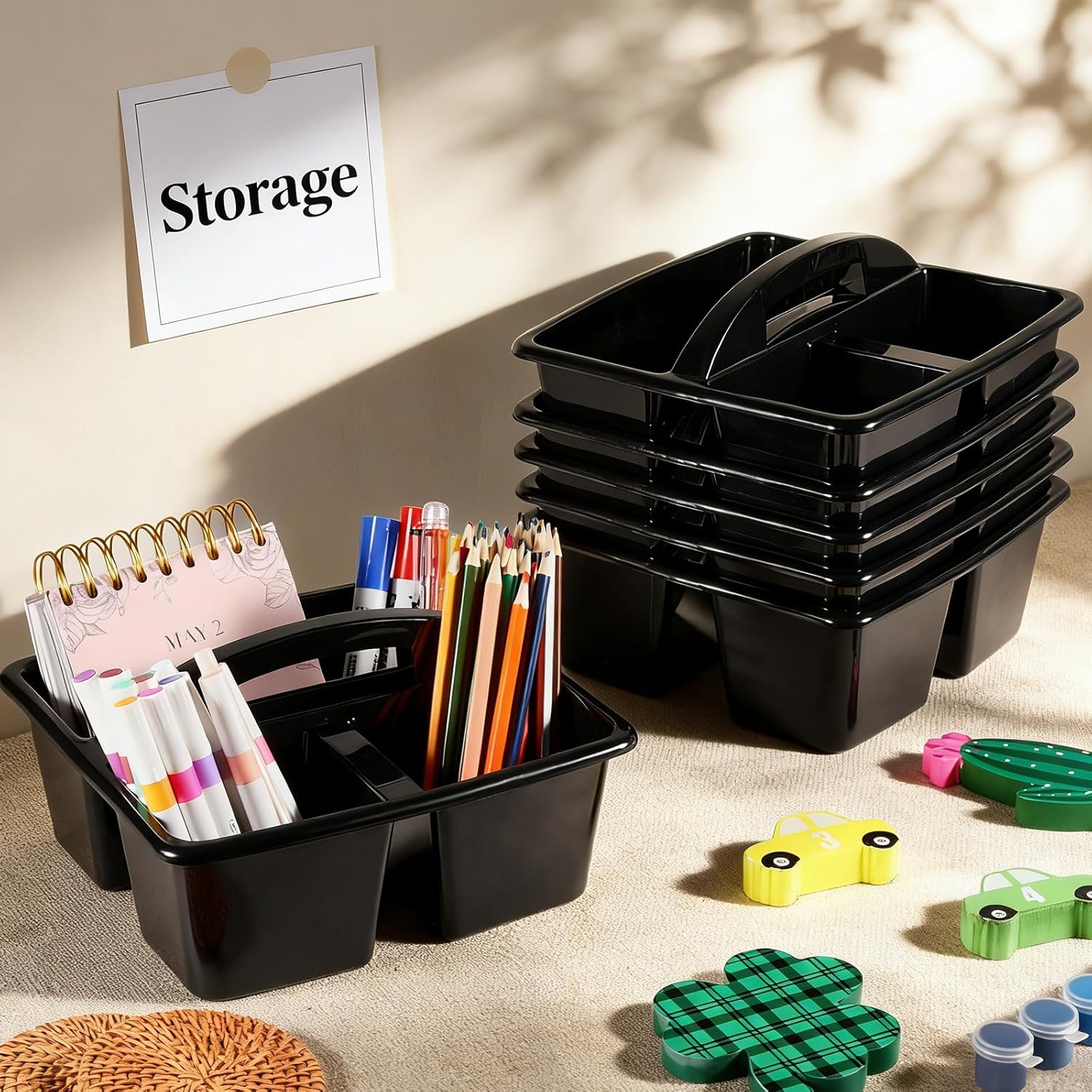 6 Pack Classroom Caddy with Handle Plastic Storage Caddy Organizer with 3 Compartments Desk Caddies Holder Portable Storage Bin for Pencil, Crayon, Marker, Home, Office, School Supplies(Black)