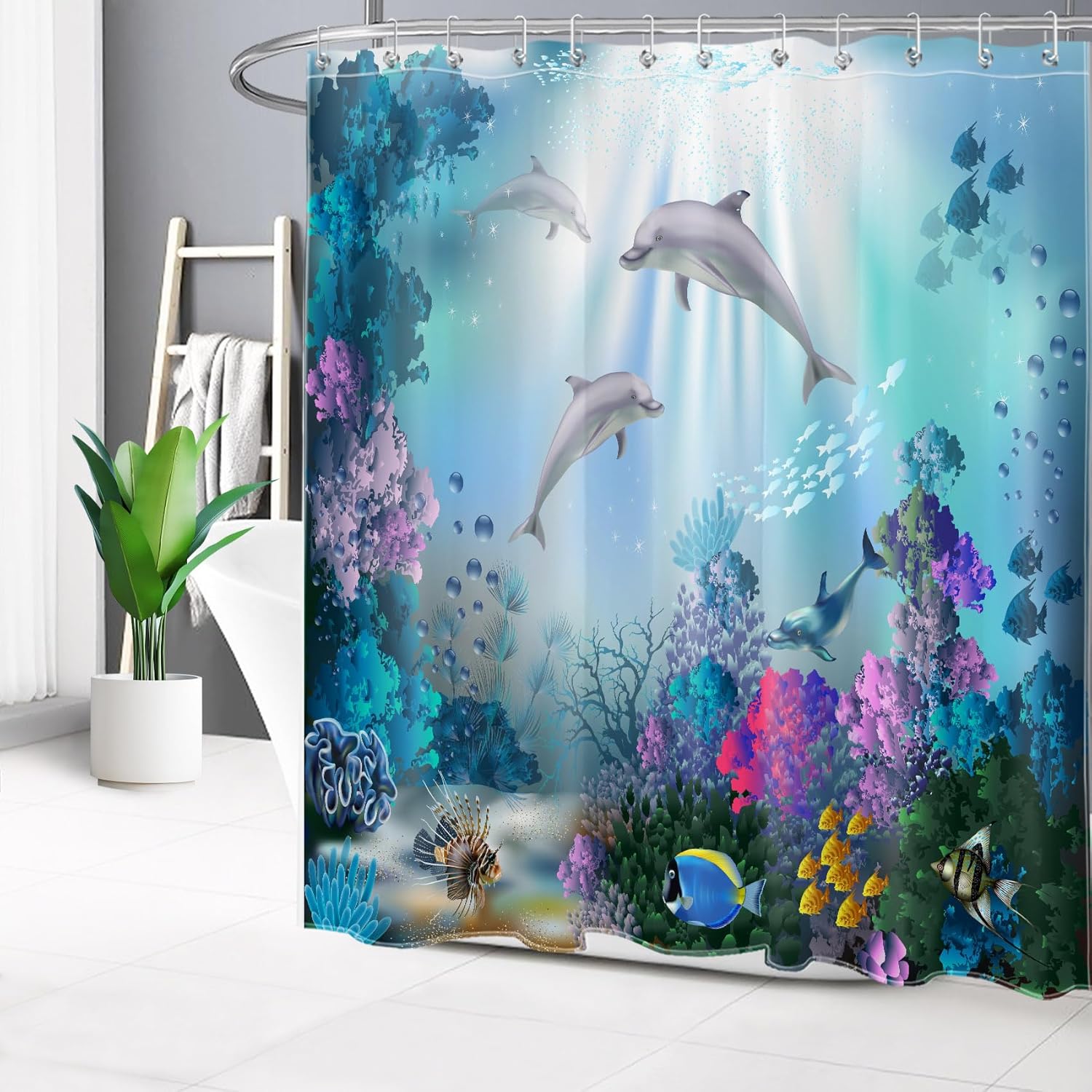 LB Dolphin Shower Curtain for Kids Adults Bathroom Curtain with Hooks Blue Ocean Underwater Fish Coral Reef Decorations 72x72 inch Waterproof Polyester Fabric