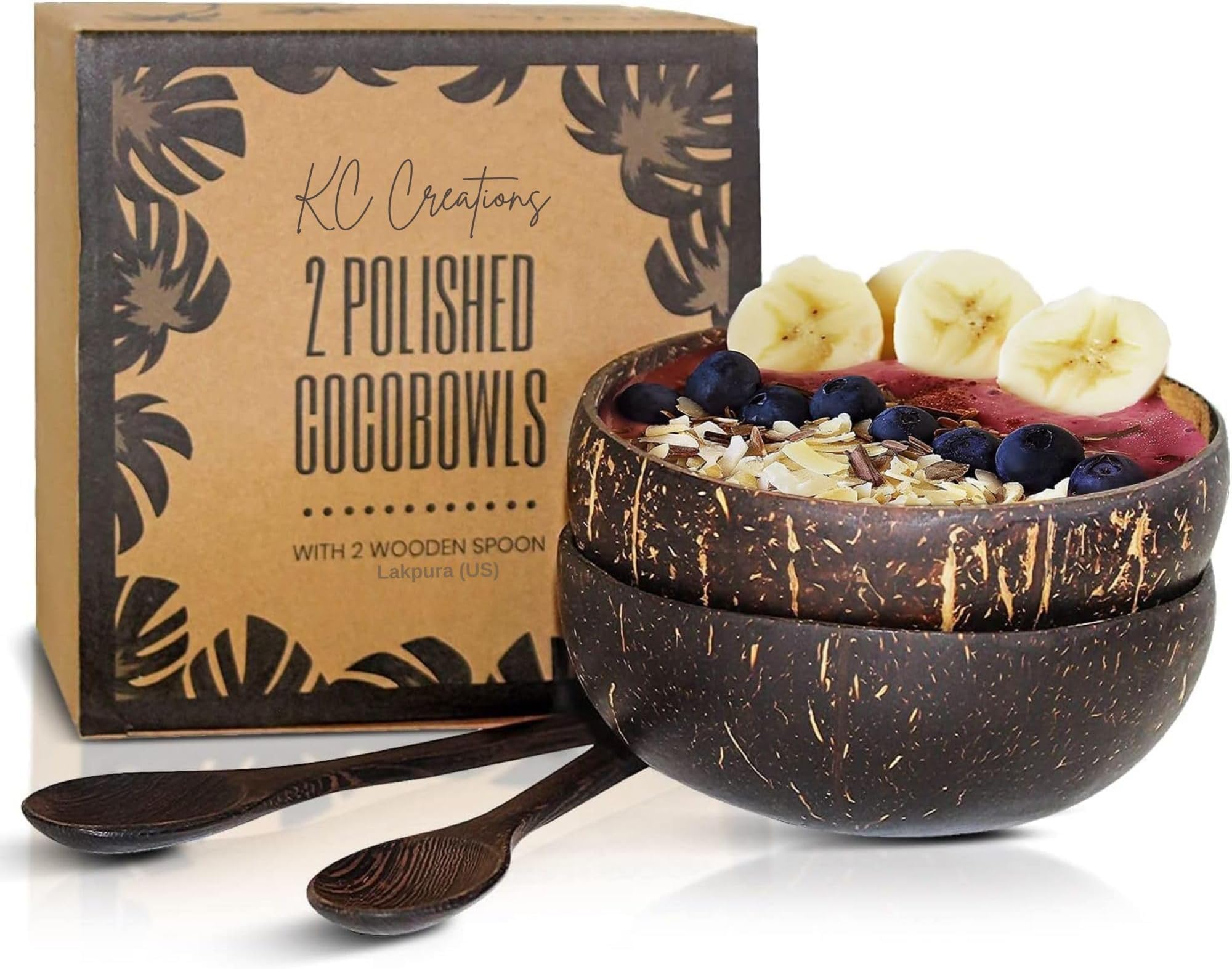 KC Creations Two Polished Coco Bowls with Palmyra Wood Spoons, LakPuka (US)