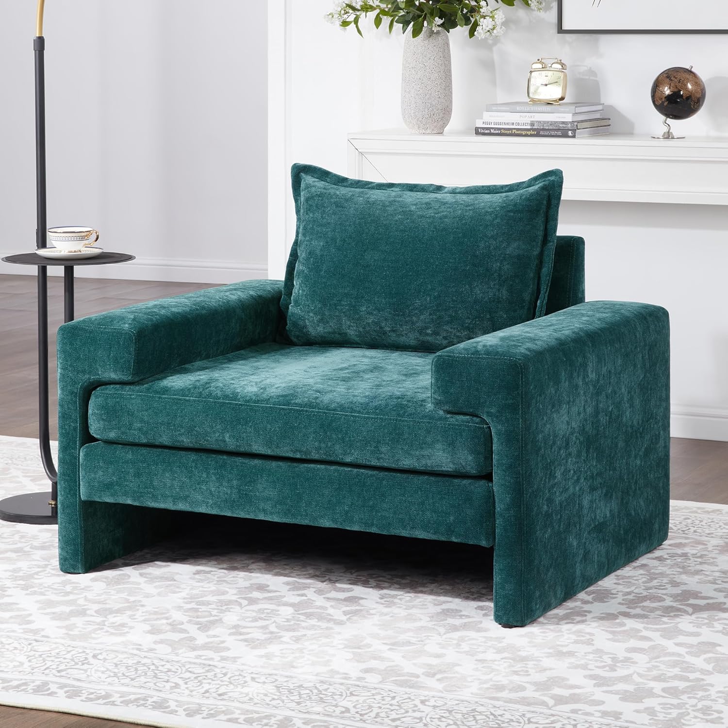 Christopher Knight Home Aylen Modern Chenille Upholstered Accent Chair with Wide Armrests, Wooden Living Room Club Chair, Bedroom Comfy Reading Chair with Back Pillow, Teal Green