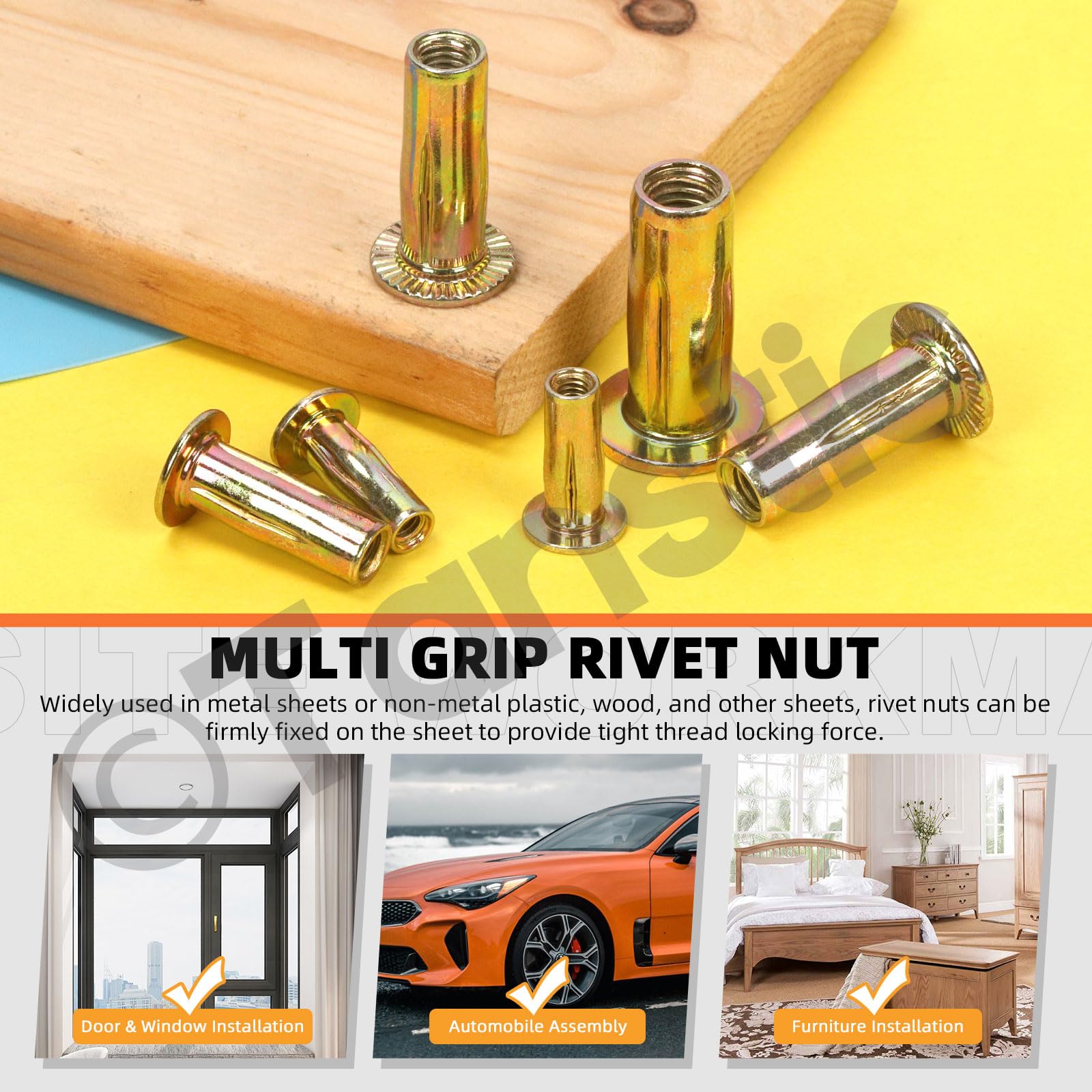 Tanstic 34Pcs Multi-Grip Rivet-Nut Kit, Zinc-Plated Steel Pre-Bulbed Shank Threaded Insert Flat Head Insert Nut (M8) - Image 3