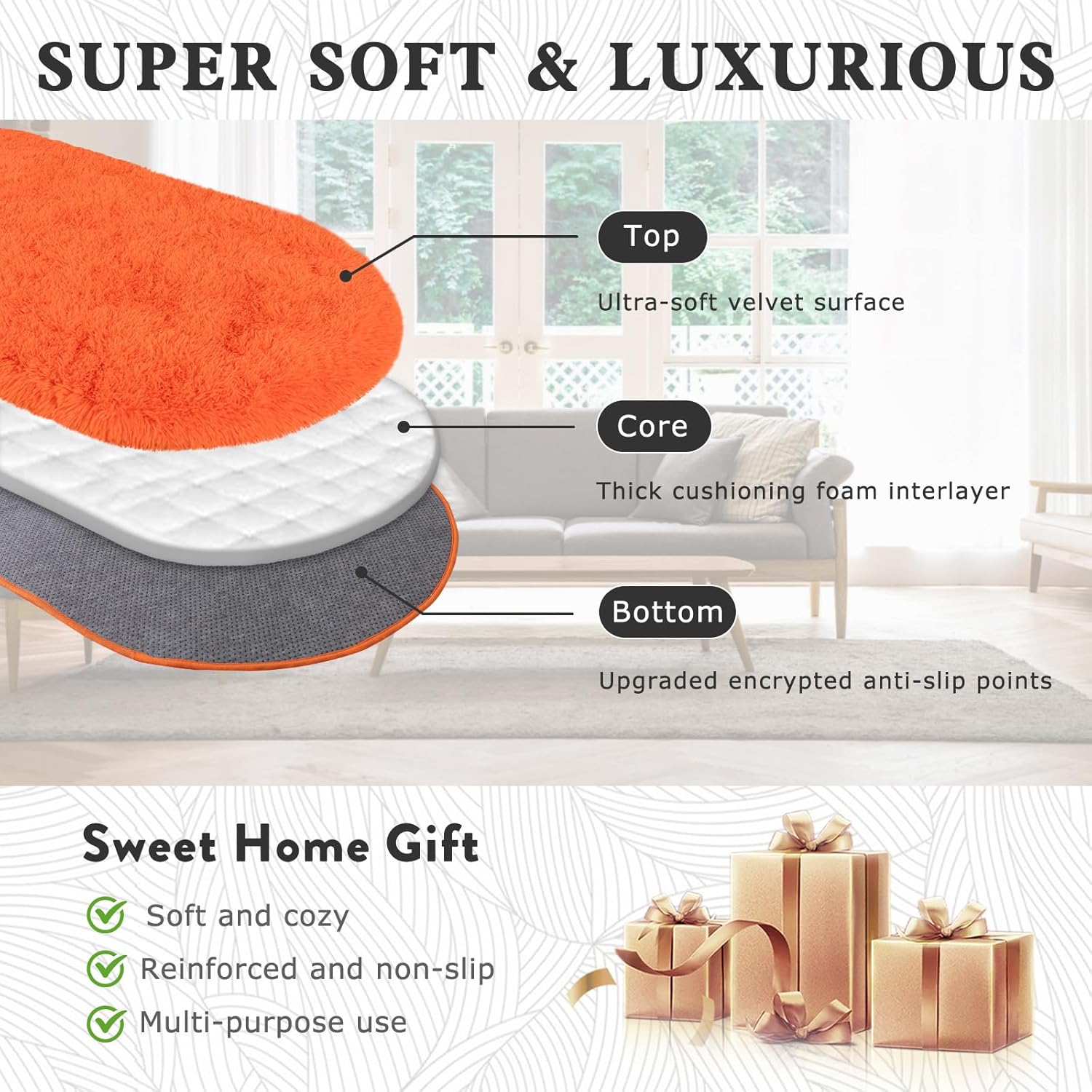 Soft Fluffy Area Rug for Bedroom, Orange Fuzzy Shaggy Oval Throw Rugs for Bedside, Non-Slip Cozy Plush Shag Carpet for Girls Kids Room Nursery Dorm Living Room, 2.6 x 5.3 Feet