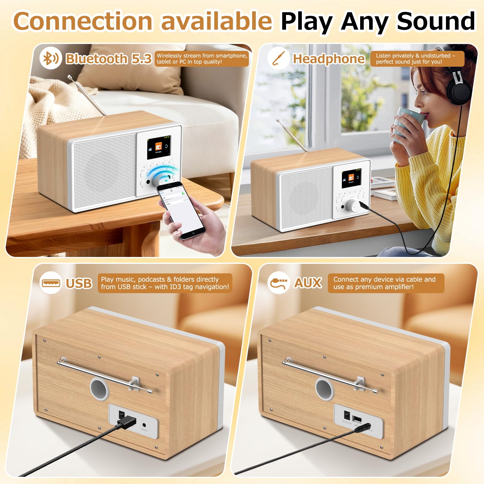 Radio Internet WLAN con DAB+ & FM, radio Bluetooth 5.3, lettore podcast, USB e AUX, oltre 30.000 stazioni radio, EQ e display a colori, telecomando - Smart Radio per soggiorno e giardino (Oak Wood