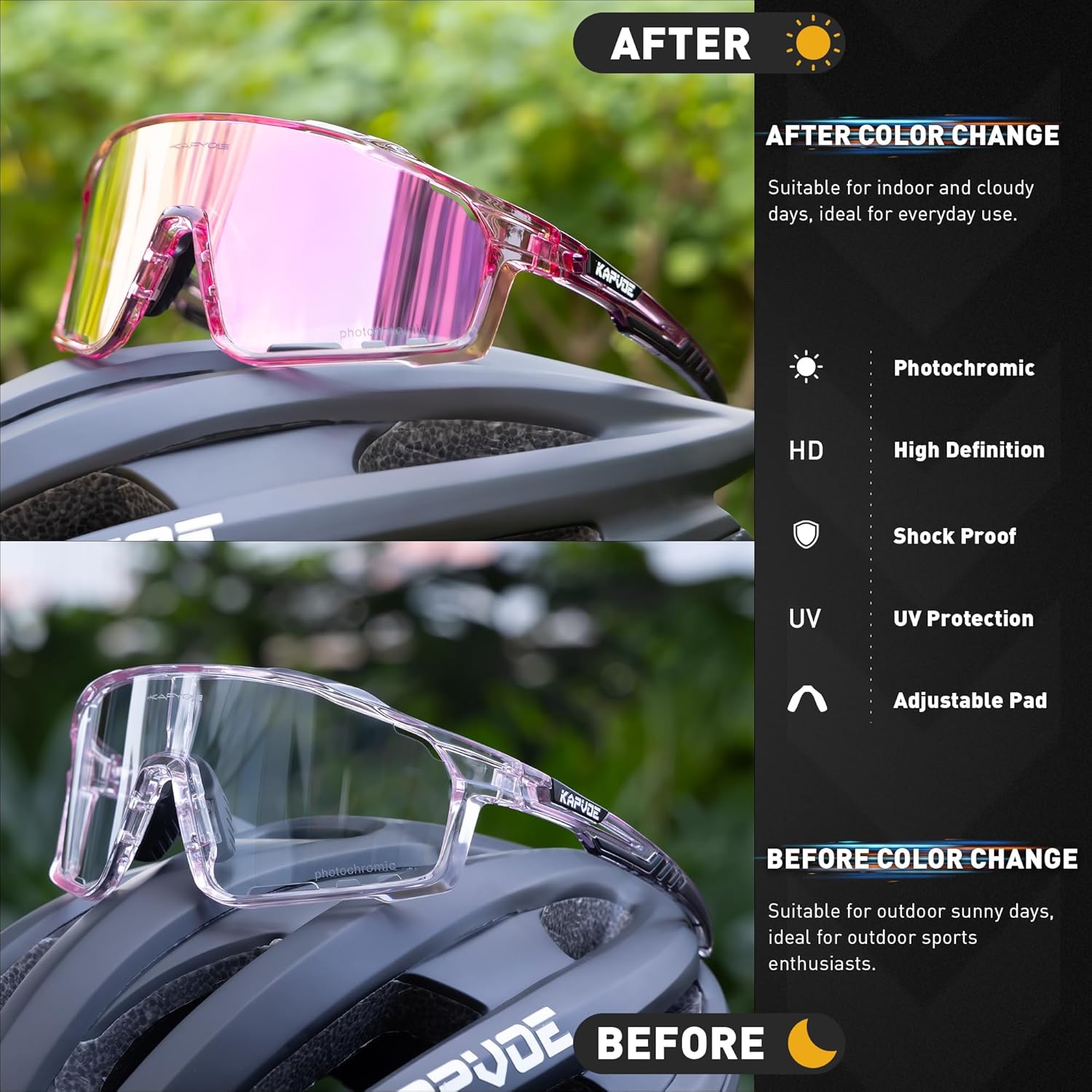 KAPVOE Photochromic Cycling Glasses for Men Women Sports Sunglasses Frame Discoloration HD Bike Glasses K76 - Image 4