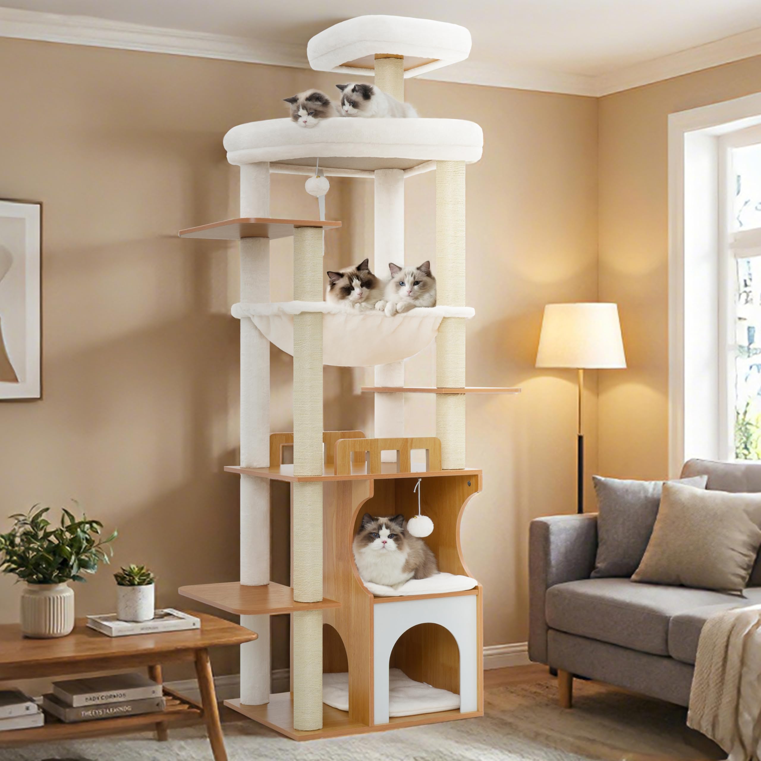 Gitelsnour rascador para Gatos, 180 cm Árbol para Gatos de Madera Grande, Mueble Moderno para Gatos con Cuevas de Madera Doble, 2 Plataformas, Hamaca y Postes rascadores, Nogal GCT102WB