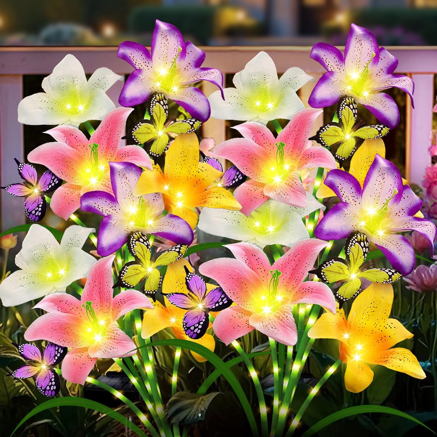 Solar Garden Lights 4 Pack 16 Lily Flowers with Butterfly Decor, Gifts for Mom Woman Birthday Solar Flower Lights for Outside, Cemetery Flowers for Grave - Decorative Lilies for Yard, Patio, Pathway