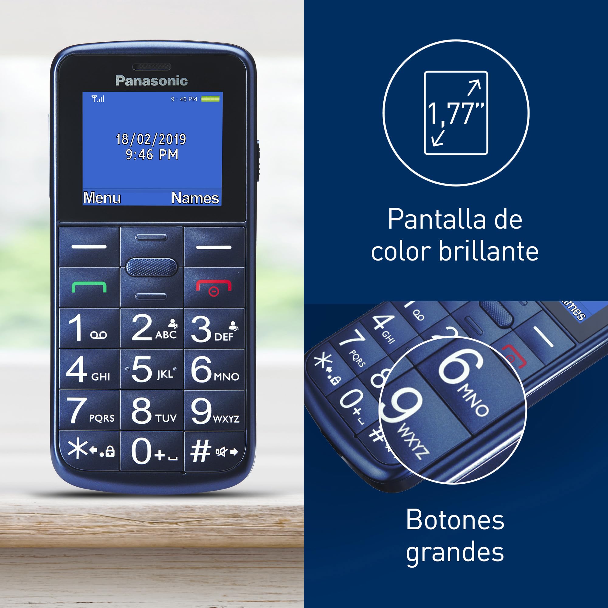 Panasonic KX-TU110EXC 2G, Teléfono Móvil para Mayores, con Botón SOS, Llamada Prioritaria, Teléfono con Botones Grandes, Bluetooth, Linterna, Cámara, Azul