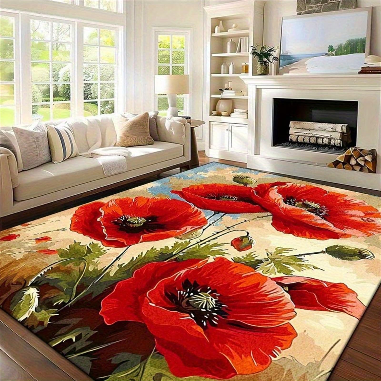 Red Floral Area Rug, 160x200cm Vintage Bohemian Flowers Leaves Botanical Print Rug, Non-Slip Washable Rugs, Beautiful Artistic Indoor Carpet for Living Room Bedroom Entrance Kitchen Home Decor