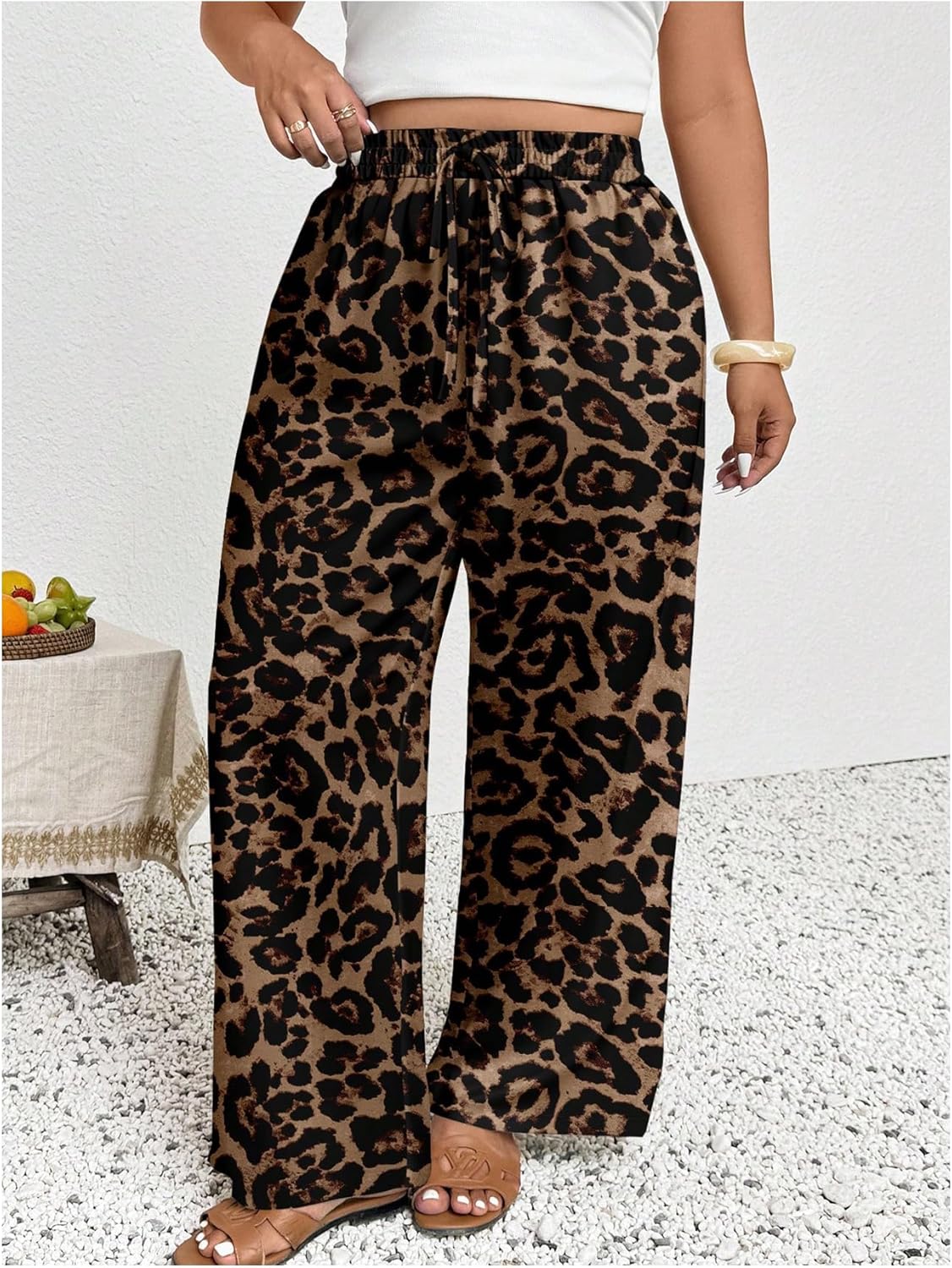 Women's Plus Size Wide Leg Cheetah Leopard Pants Drawstring High Waisted Y2K Long Trousers - Image 4