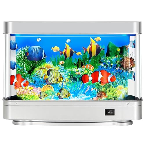 7CDXD Fake Fish Tank,Artificial Aquarium Decorations,Fake Aquarium Decor,Virtual Ocean Moving Fish lamp for Bedroom Office Décor,Gift for Kids and Cat - Gray