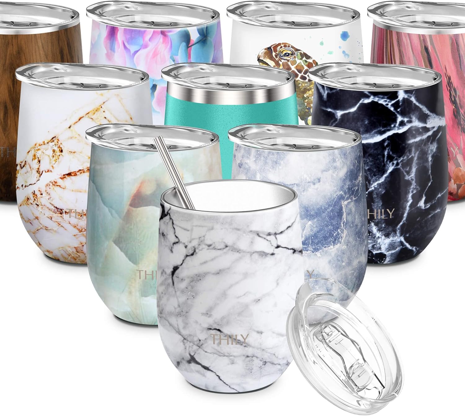 THILY Stainless Steel Stemless Wine Tumbler 12 oz Triple-Insulated Stemless Glass with Lid and Straw, Durable Reusable Travel Coffee Cup, Keep Hot or Cold for Wine, Coffee, Beer, Juice, White Marble