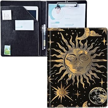 Padfolio Clipboard Folder Portfolio Notepad Organizer,Leather Interview Resume Folder,Conference Document Organizer with Business Card Holder,A4 Size Notebook Clipboard,Nebula Sun and Moon