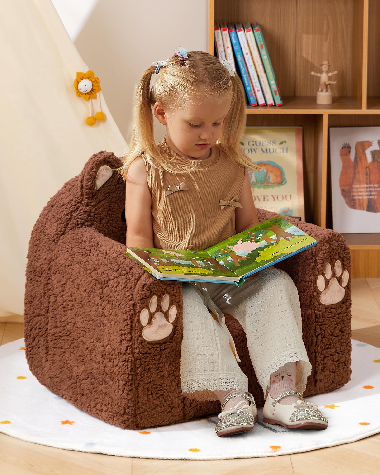 BEJOY Kindersofa Ultraweiches Kuschel-Schaumstoff kindersessel, Einzelsitz Sherpa Lesecouch für Jungen und Mädchen, Braunbär