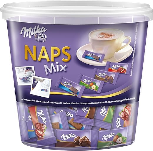 Milka, Naps Mix Milk Milka Chocolates with 4 Flavours: Milk, Strawberry, Hazelnut and Extra Cocoa, Perfect with Coffee, 100% Alpine Milk, Sustainable Cocoa, 1 kg (207 Chocolates)