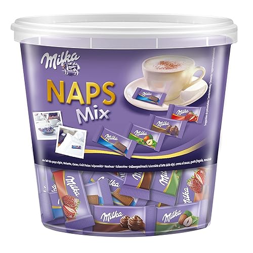 Milka, Naps Mix, Cioccolatini al Latte Milka con 4 Gusti: Latte, Fragola, Nocciola e Extra Cacao, Perfetti con il Caffé, 100% Latte Alpino, Cacao Sostenibile, 1kg (207 cioccolatini)