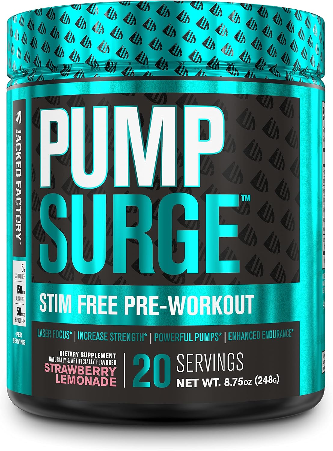 Pumpsurge Caffeine Free Preworkout for Men & Women - Stim Free Pre Workout Powder, Nitric Oxide Pump Pre Workout, & Nootropic Supplement - Intense Pumps, Laser Focus - 20 Servings, Strawberry Lemonade