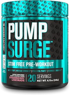 Pumpsurge Caffeine Free Preworkout for Men & Women - Stim Free Pre Workout Powder, Nitric Oxide Pump Pre Workout, & Nootropic Supplement - Intense Pumps, Laser Focus - 20 Servings, Strawberry Lemonade