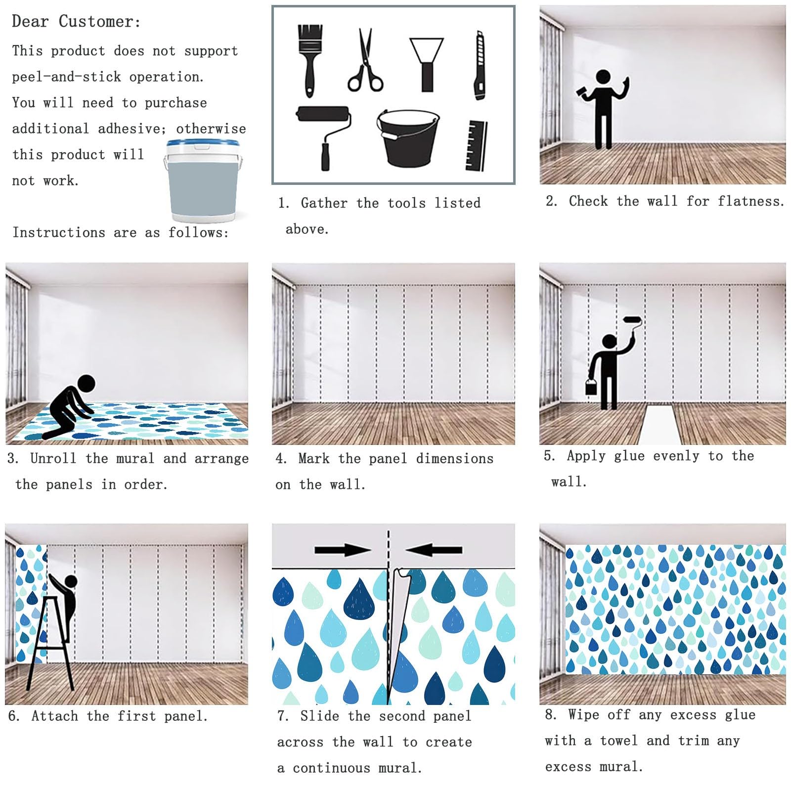 Minimalistyczny geometryczny mural ścienny z włókniny do sypialni, przy łóżku i przedpokoju, ściana akcentująca, 300 x 210 cm, niewklejony efekt 3D, duży plakat z fototapetą, niebieskie krople deszczu