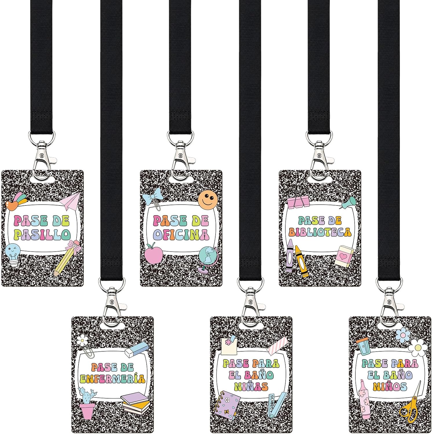 6 Pcs Spanish Hall Pass Lanyards Cute Composition Classroom Passes