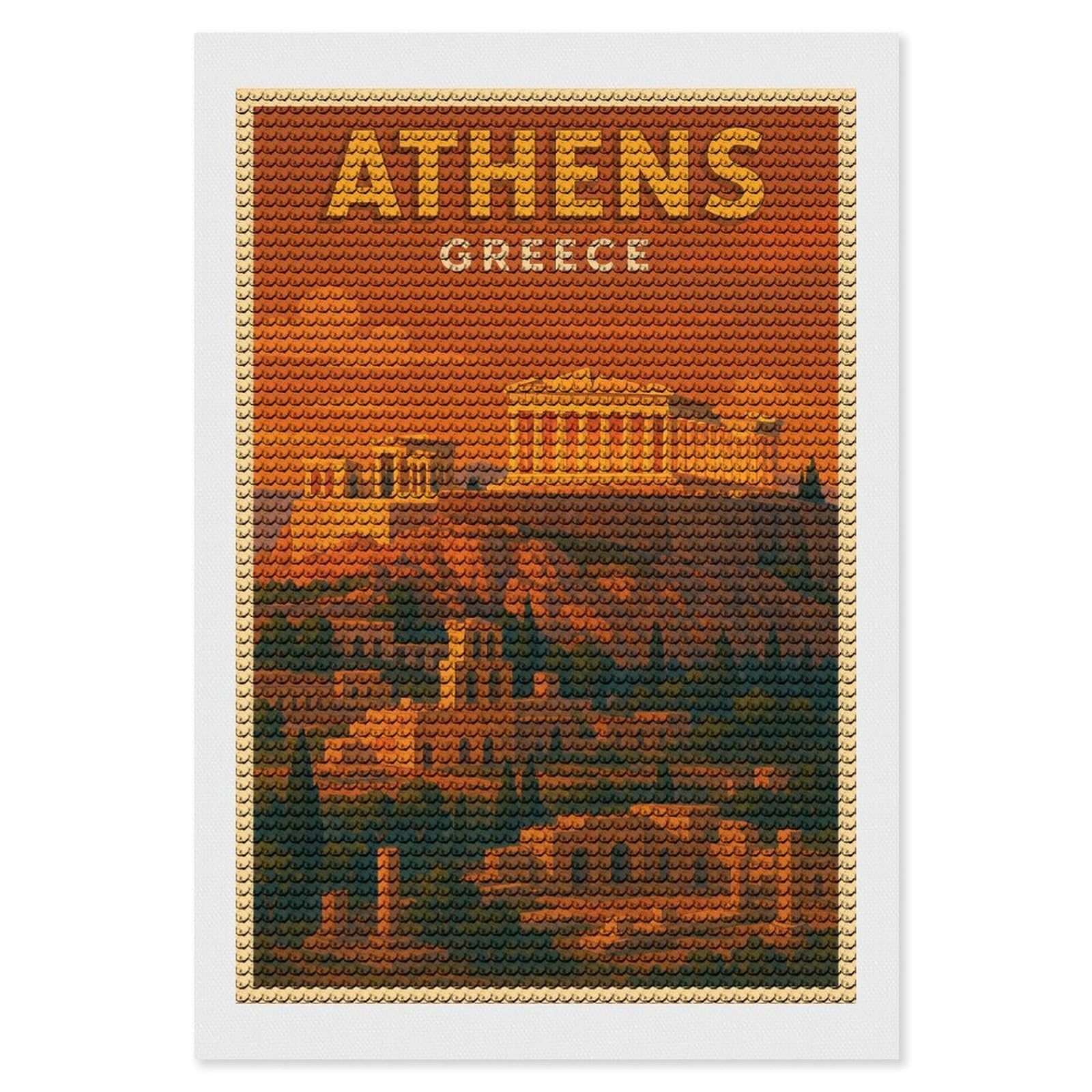 Junmoney Athens Greece Travel (3) Round Drill Diamond Painting 8"x12", Handmade Wall Decor, Modern Decor, Aesthetic Room Decor, Easy Craft Set