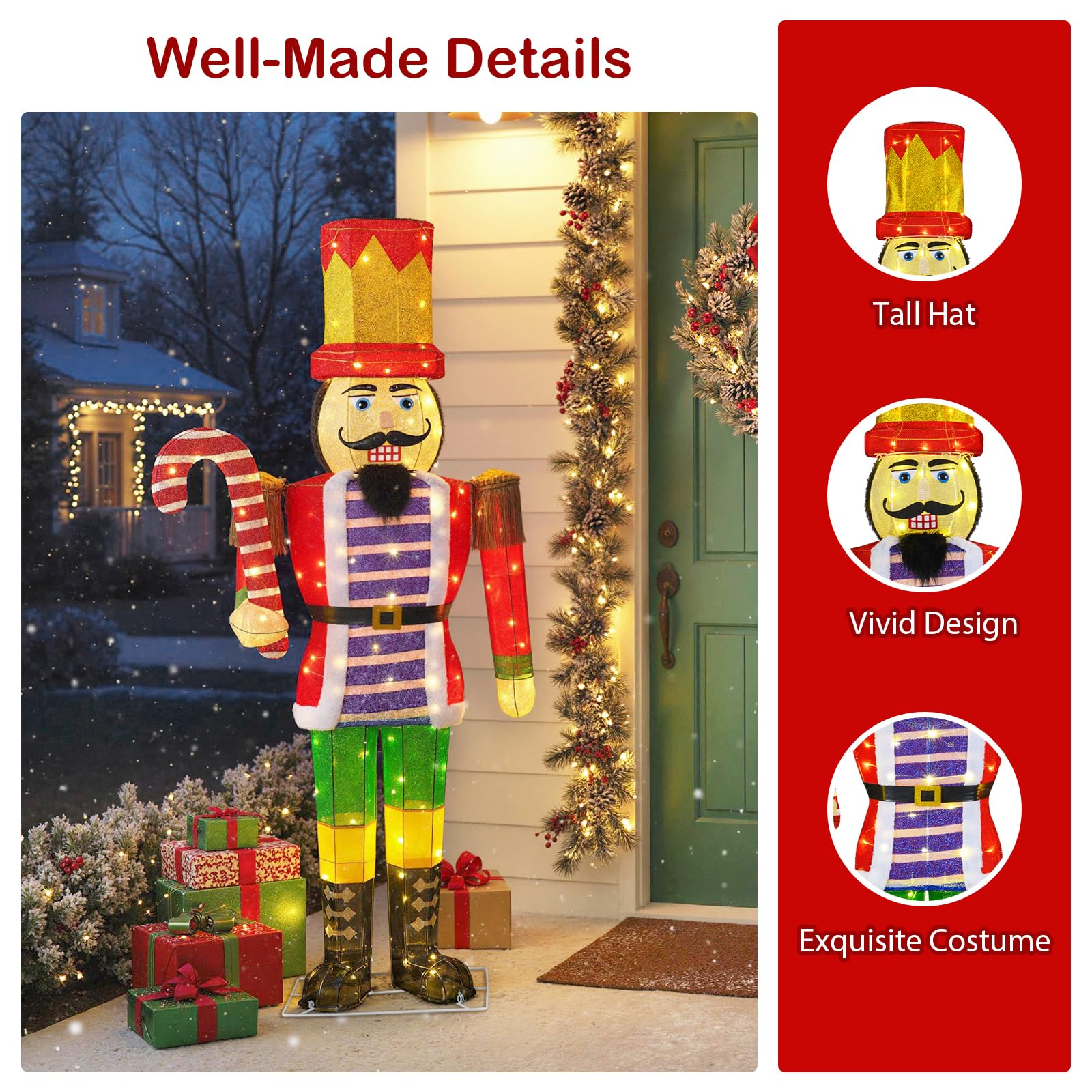 SOARS Weihnachten Nussknacker Figur groß, Weihnachtsdeko aussen XXL, 110 warmweiße LED-Lichter, 170 cm Weihnachtsfigur mit Zuckerstange, Weihnachtsbeleuchtung für außen und innen