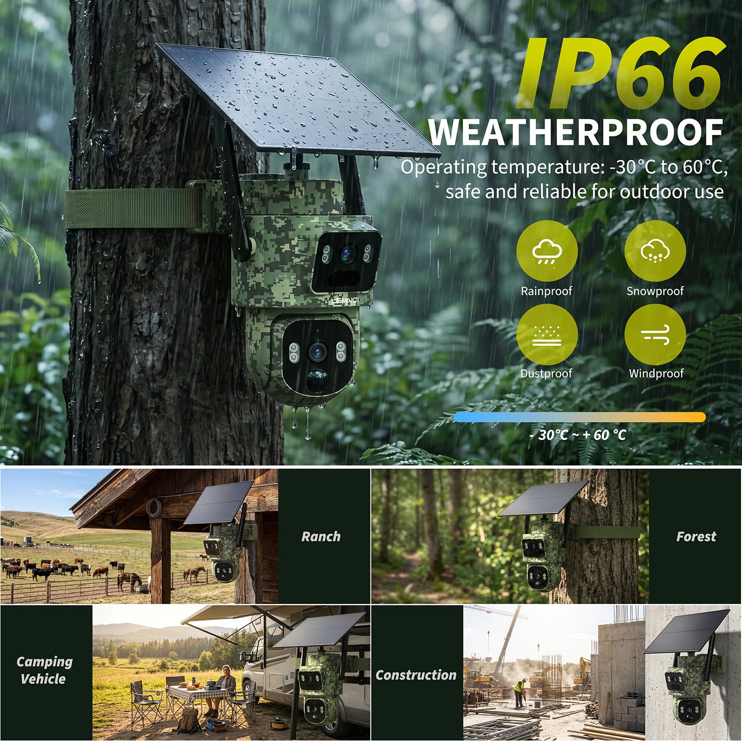 Lemnoi 4G Solar Wildkamera mit Dual-Objektiv, 2K HD, Objektverfolgung, IP66