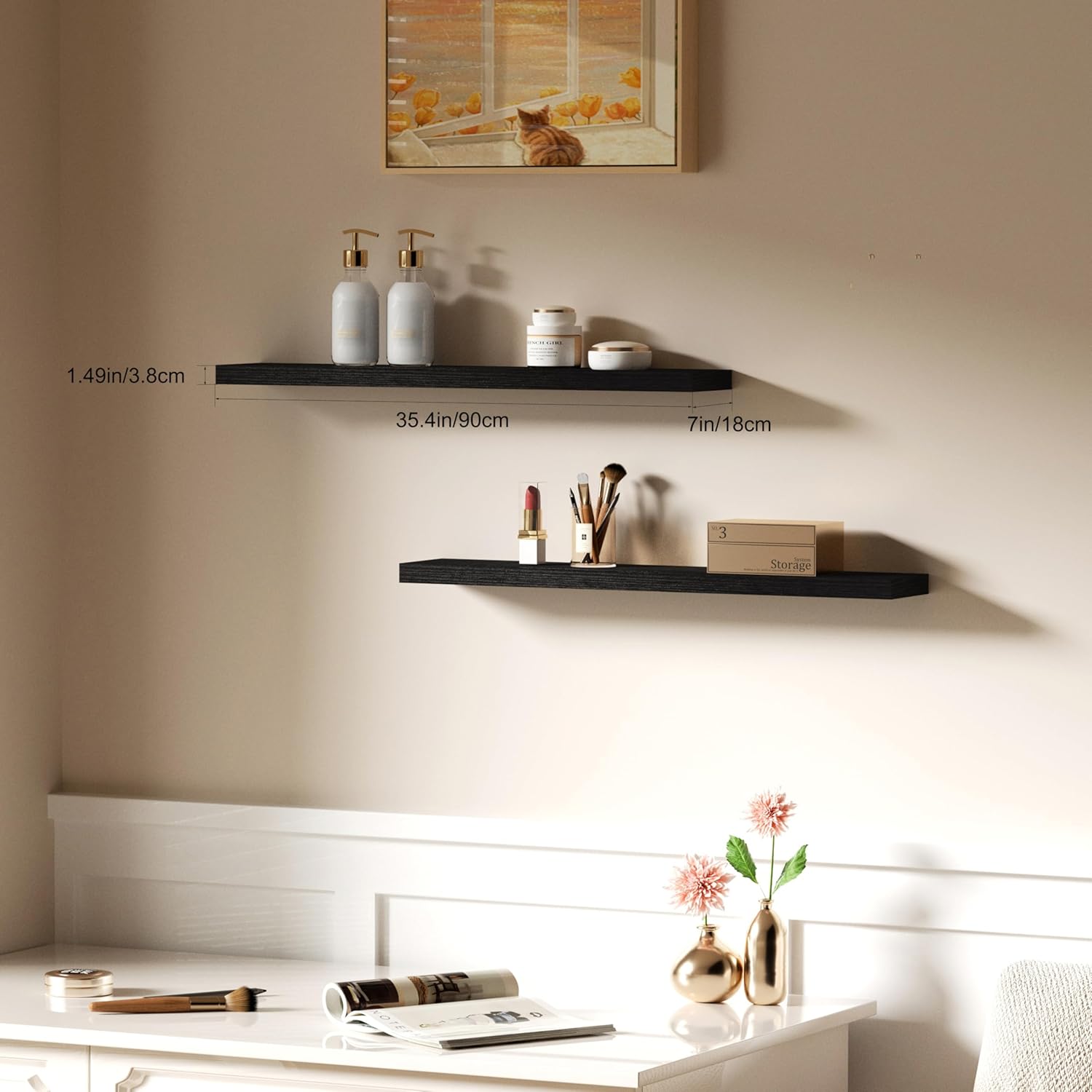 Floating Shelves for Wall, Bathroom Shelves Over Toilet, Wall Shelves & Book Shelf for Room, Hanging Shelf, Modern Wooden Mounted Floating Shelves, 36x7x1.5 in (Black, Set of 2)