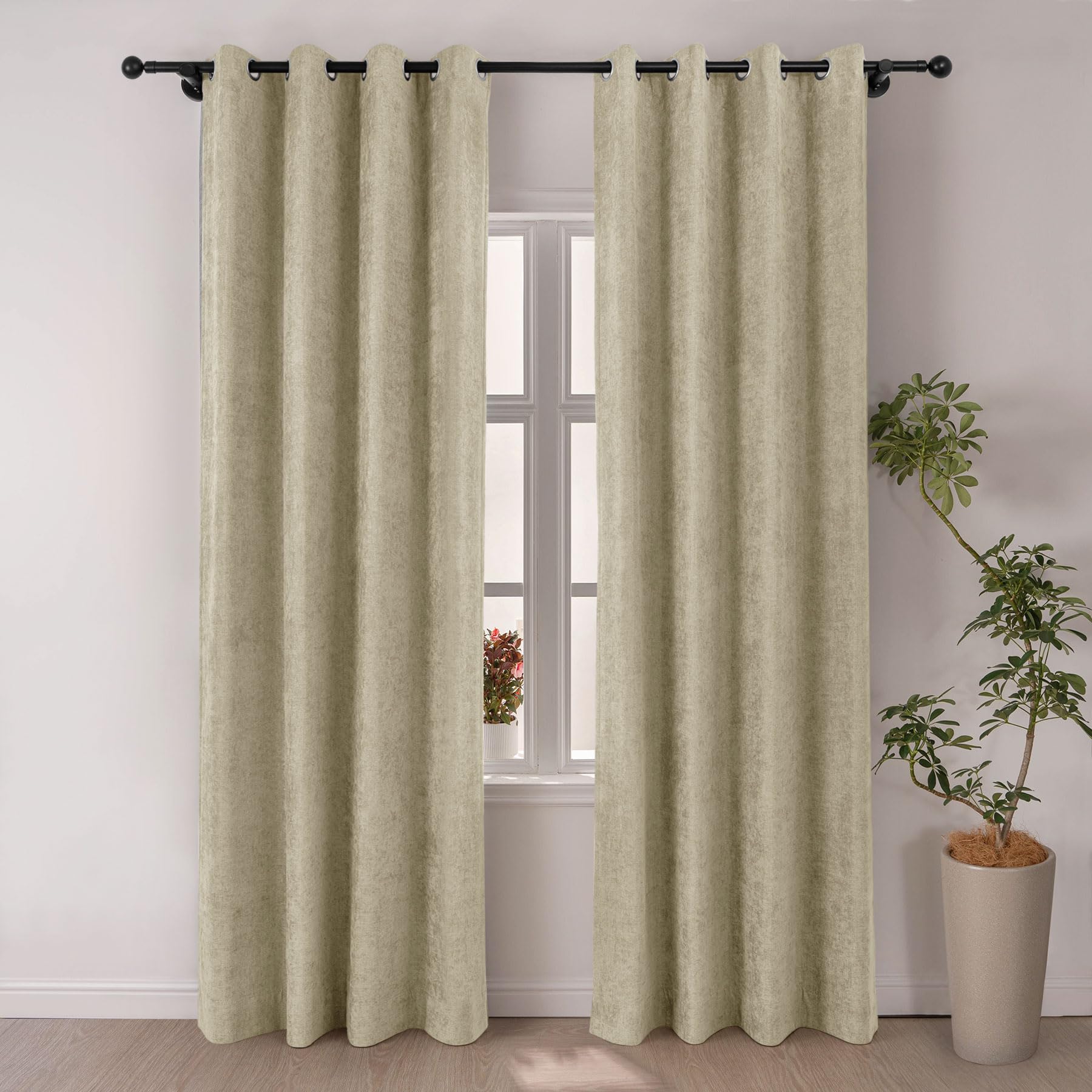 Macochico Full Blackout Chenille Curtains 102 Inches Length, Soft and Luxury Window Treatments for Bedroom Living Room Kids-Room, 84”Wx102”L Khaki Grommet Drapery with Tieback, 1 Panel