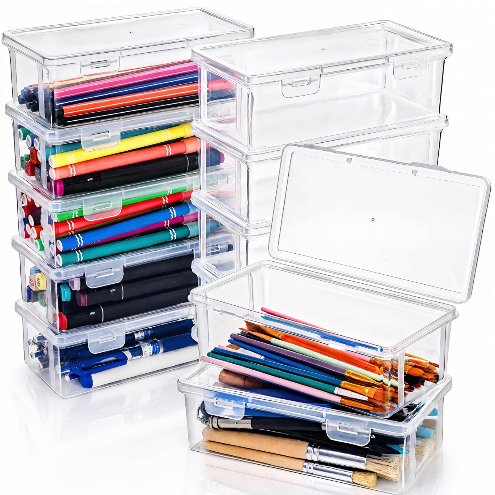 Covzoe Paquete de 12 cajas de lápices transparentes, estuche de plástico con tapa, cajas de almacenamiento a granel, diseño apilable a granel, organizador de suministros de oficina duradero para