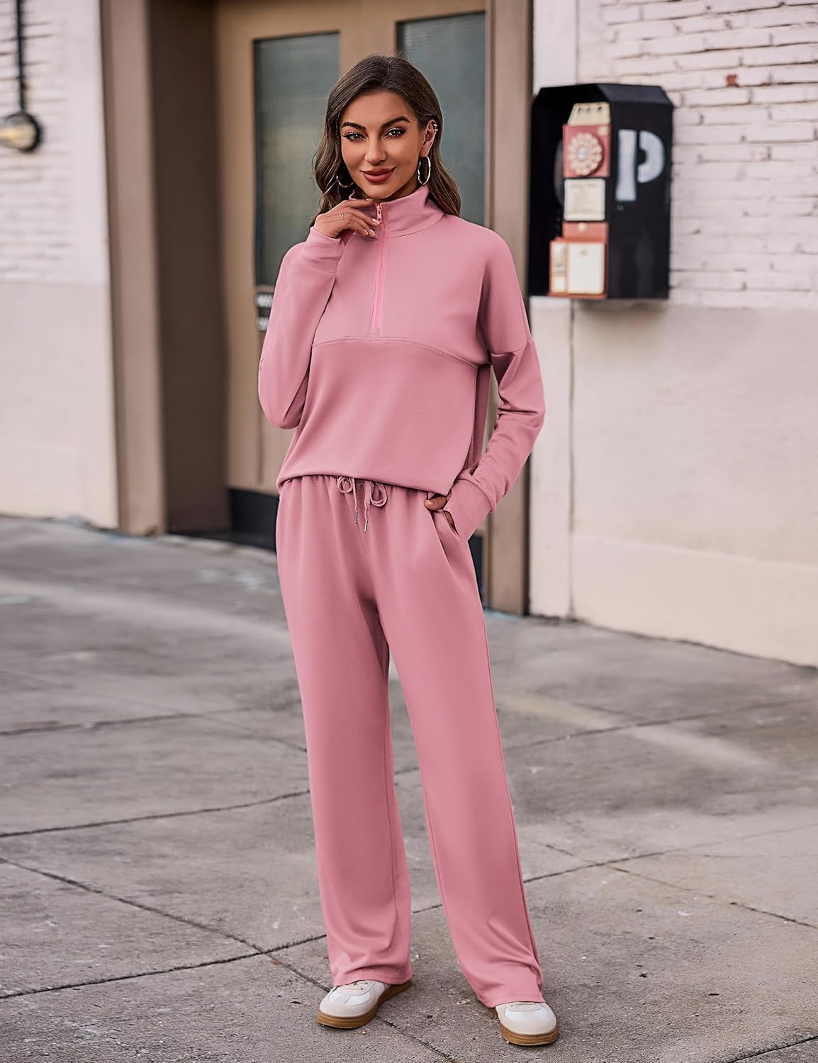 Totatuit Womens Sweatsuits 2 piece Set Lapel Half Zip Lightweight Sweatshirts and Wide Leg Pants Tracksuit Lounge Sets - Image 6