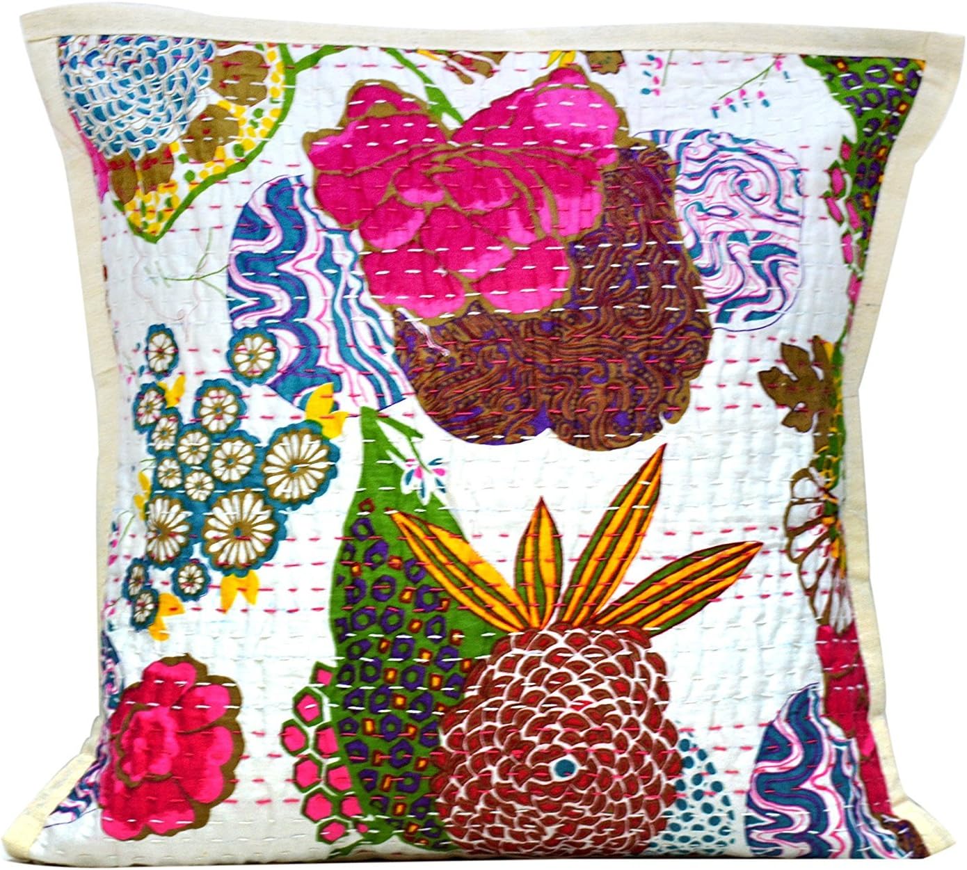 Jaipuri Handloom Crafts JHC's Indian White Embroidered Handmade Decorative Kantha