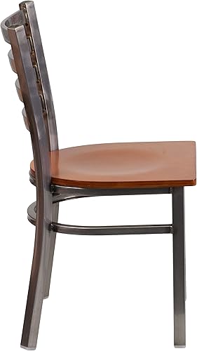 Miniatura 5 de BizChair Silla de restaurante de metal con respaldo de escalera recubierta transparente - Asiento de madera de cerezo